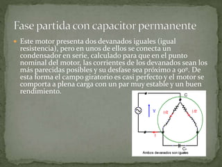  Este motor presenta dos devanados iguales (igual
resistencia), pero en unos de ellos se conecta un
condensador en serie, calculado para que en el punto
nominal del motor, las corrientes de los devanados sean los
más parecidas posibles y su desfase sea próximo a 90º. De
esta forma el campo giratorio es casi perfecto y el motor se
comporta a plena carga con un par muy estable y un buen
rendimiento.
 