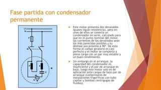 Fase partida con condensador
permanente
 Este motor presenta dos devanados
iguales (igual resistencia), pero en
unos de ellos se conecta un
condensador en serie, calculado para
que en el punto nominal del motor,
las corrientes de los devanados sean
los más parecidas posibles y su
desfase sea próximo a 90º. De esta
forma el campo giratorio es casi
perfecto y el motor se comporta a
plena carga con un par muy estable y
un buen rendimiento.
 Sin embargo en el arranque, la
capacidad del condensador es
insuficiente y el par de arranque es
bajo, luego este motor solo es de
aplicación ante cargas de bajo par de
arranque (compresores de
instalaciones frigoríficas con tubo
capilar y bombas centrigugas de
fluidos).
 