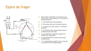 Espira de frager
 Este motor monofásico se llama así, por
utilizar dos o más espiras en corto para su
funcionamiento.
 1. Son motores de baja potencia.
 2. Funcionan sólo con corriente alterna.
 3. La espira en corto ocupa 1/3 del polo
saliente.
 4. La posición de la espira determina el
sentido de giro del rotor.
 5. Las espiras en los polos, guardan un
desfase de 180 grados.
 6. Generalmente no utiliza sistema de
enfriamiento.
 7. La velocidad se puede variar, variando
la resistencia de la bobina polar
 