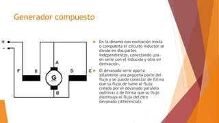 Generador compuesto
 En la dinamo con excitación mixta
o compuesta el circuito inductor se
divide en dos partes
independientes, conectando una
en serie con el inducido y otra en
derivación.
 El devanado serie aporta
sólamente una pequeña parte del
flujo y se puede conectar de forma
que su flujo de sume al flujo
creado por el devanado paralelo
(aditiva) o de forma que su flujo
disminuya el flujo del otro
devanado (diferencial).
 