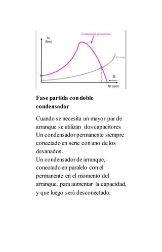 Fase partida condoble
condensador
Cuando se necesita un mayor par de
arranque se utilizan dos capacitores
Un condensadorpermanente siempre
conectado en serie conuno de los
devanados.
Un condensadorde arranque,
conectado en paralelo con el
permanente en el momento del
arranque, para aumentar la capacidad,
y que luego será desconectado.
 