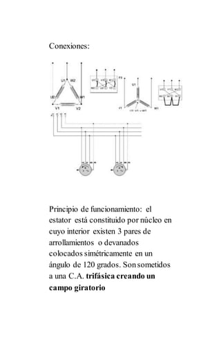 Conexiones:
Principio de funcionamiento: el
estator está constituido por núcleo en
cuyo interior existen 3 pares de
arrollamientos o devanados
colocados simétricamente en un
ángulo de 120 grados. Sonsometidos
a una C.A. trifásica creando un
campo giratorio
 