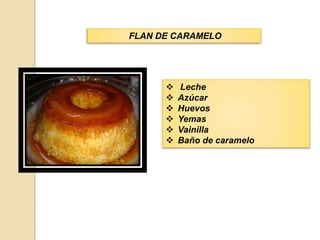 FLAN DE CARAMELO




         Leche
         Azúcar
         Huevos
         Yemas
         Vainilla
         Baño de caramelo
 