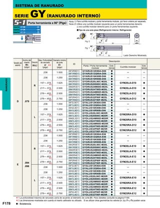 F178
GY2Mooooooooo-GS
GY2Mooooooooo-GM
GY1Gooooooooo-GF
GS
ID
D .079
R
.236 1.000
(6F2R9D1) GYARUS12K90A-D06 a
─ ─(6F1R9D1) GYARUS12Q90A-D06 a
.236 1.250
(6H2R9D1) GYARUS16K90B-D06 a
─ ─(6H1R9D1) GYARUS16R90B-D06 a
.157─.374 1.625
(6K2R3D1) GYDRUS20L90C-M20L a
GYM20LA-D10 a
(6K1R3D1) GYDRUS20S90C-M20L a
.217─.374 2.000
(6M2R3D1) GYDRUS24M90D-M20L a
GYM20LA-D10 a
(6M1R3D1) GYDRUS24T90D-M20L a
.276─.453 2.500
(6M2R4D1) GYDRUS24M90D-M25L a
GYM25LA-D12 a
(6M1R4D1) GYDRUS24T90D-M25L a
.276─.453 2.750
(6P2R4D1) GYDRUS32P90F-M25L a
GYM25LA-D12 a
(6P1R4D1) GYDRUS32T90F-M25L a
L
.236 1.000
(6F2L9D1) GYALUS12K90A-D06 a
─ ─(6F1L9D1) GYALUS12Q90A-D06 a
.236 1.250
(6H2L9D1) GYALUS16K90B-D06 a
─ ─(6H1L9D1) GYALUS16R90B-D06 a
.157─.374 1.625
(6K2L3D1) GYDLUS20L90C-M20R a
GYM20RA-D10 a
(6K1L3D1) GYDLUS20S90C-M20R a
.217─.374 2.000
(6M2L3D1) GYDLUS24M90D-M20R a
GYM20RA-D10 a
(6M1L3D1) GYDLUS24T90D-M20R a
.276─.453 2.500
(6M2L4D1) GYDLUS24M90D-M25R a
GYM25RA-D12 a
(6M1L4D1) GYDLUS24T90D-M25R a
.276─.453 2.750
(6P2L4D1) GYDLUS32P90F-M25R a
GYM25RA-D12 a
(6P1L4D1) GYDLUS32T90F-M25R a
E
.094
.098
R
.236 1.000
(6F2R9E1) GYARUS12K90A-E06 a
─ ─(6F1R9E1) GYARUS12Q90A-E06 a
.236 1.250
(6H2R9E1) GYARUS16K90B-E06 a
─ ─(6H1R9E1) GYARUS16R90B-E06 a
.157─.374 1.625
(6K2R3E1) GYDRUS20L90C-M20L a
GYM20LA-E10 a
(6K1R3E1) GYDRUS20S90C-M20L a
.217─.374 2.000
(6M2R3E1) GYDRUS24M90D-M20L a
GYM20LA-E10 a
(6M1R3E1) GYDRUS24T90D-M20L a
.276─.453 2.500
(6M2R4E1) GYDRUS24M90D-M25L a
GYM25LA-E12 a
(6M1R4E1) GYDRUS24T90D-M25L a
.276─.453 2.750
(6P2R4E1) GYDRUS32P90F-M25L a
GYM25LA-E12 a
(6P1R4E1) GYDRUS32T90F-M25L a
L
.236 1.000
(6F2L9E1) GYALUS12K90A-E06 a
─ ─(6F1L9E1) GYALUS12Q90A-E06 a
.236 1.250
(6H2L9E1) GYALUS16K90B-E06 a
─ ─(6H1L9E1) GYALUS16R90B-E06 a
.157─.374 1.625
(6K2L3E1) GYDLUS20L90C-M20R a
GYM20RA-E10 a
(6K1L3E1) GYDLUS20S90C-M20R a
.217─.374 2.000
(6M2L3E1) GYDLUS24M90D-M20R a
GYM20RA-E10 a
(6M1L3E1) GYDLUS24T90D-M20R a
.276─.453 2.500
(6M2L4E1) GYDLUS24M90D-M25R a
GYM25RA-E12 a
(6M1L4E1) GYDLUS24T90D-M25R a
.276─.453 2.750
(6P2L4E1) GYDLUS32P90F-M25R a
GYM25RA-E12 a
(6P1L4E1) GYDLUS32T90F-M25R a
*1
*1
*1
*1
*1
*1
*1
*1
*1
*1
*1
*1
*1
*1
*1
*1
*3
*1
*2
a
5-1
ar
F2
F1
90°
L1
L3
ar
F2
F1
90°
L1
L3
øD4
H1
øD1
Fig. 1
Fig. 2
RANURADO SISTEMA DE RANURADO
SERIE GY(RANURADO INTERNO)
Nota 1) Para cuchilla modular y porta herramienta modular, por favor ordene por separado.
Nota 2) Utilice una cuchilla modular izquierda para un porta herramientas derecho
y una cuchilla modular derecha para un porta herramientas izquierdo.
Porta herramienta a 90° (Plgs)
Lado Derecho Mostrado.
Tipo de una sola pieza (Refrigeración Interna / Refrigerante)
Inserto
Inserto
Inserto
Tamaño del
asiento
Ancho del
inserto
W3
(plgs)
Dirección
(R/L) Porta / Porta herramienta
modular
Cuchilla modular
Descripción
Exis-
tencia
Exis-
tencia
Max. Profundidad
de ranurado
ar
(plgs)
Diametro minimo
de corte
D1
(plgs)
La profundidad máxima de ranurado varía de acuerdo al diámetro de corte D1. Para detalles consulte la página F190.
Las dimensiones mostradas son cuando el inserto calibrador es utilizado. Si se utilizan otras geometrías los valores L1, L3, F1 y F3 pueden variar.
a : Existencia.
 