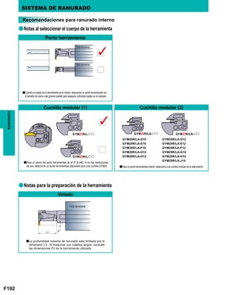 F192
a
a
L3
F2
GYM25R/L-oo GYM20R/LA-oo GYM25R/LA-oo
GYM20R/L-oo
GYM20R/LA-D10
GYM20R/LA-E10
GYM20R/LA-F10
GYM20R/LA-G12
GYM20R/LA-H12
GYM25R/LA-D12
GYM25R/LA-E12
GYM25R/LA-F12
GYM25R/LA-G14
GYM25R/LA-H14
GYM25R/LA-J14
RANURADO SISTEMA DE RANURADO
Notas al seleccionar el cuerpo de la herramienta
Recomendaciones para ranurado interno
Notas para la preparación de la herramienta
Porta herramienta
Porta herramientas
Porta herramientas
aCuando el volado de la herramienta es el mismo, seleccione un porta herramientas con
el tamaño de zanco más grande posible para asegurar suficiente rigidez en el clampeo
aPara un zanco del porta herramientas de ø1.5  ø40, si no hay restricciones
de uso, seleccione un porta herramientas disponible para una cuchilla GYM25
aLa profundidad máxima de ranurado esta limitada por la
dimensión L3. Al maquinar con volados largos, consulte
las dimensiones F2 de la herramienta utilizada
aPara un porta herramientas interior, seleccione una cuchilla modular de la lista anterior
Cuchilla modular (1)
Volado
Cuchilla modular (2)
Porta herramienta
 