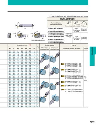 F037
Fig.
H1 B L1 L2 H2 F1 S3
16 16 104 28 16 20 4 3
GY2M0239E020N-GS
GY2M0250E020N-GS
GY2M0239E020N-GM
GY2M0250E020N-GM
GY2M0250E020R05-GM
GY2M0250E020L05-GM
GY2M0250E020N-MM
GY2M0250E125N-BM
GY1G0239E020N-GFGS
GY1G0250E020N-GFGS
F014

F016
16 16 110 34 16 20 4 3
16 16 116 40 16 20 4 4
20 20 119 28 20 23 ─ 1
20 20 125 34 20 23 ─ 1
20 20 131 40 20 23 ─ 2
20 20 117 31 20 26 5 3
20 20 125 39 20 26 5 3
20 20 131 45 20 26 5 4
25 25 142 31 25 28 ─ 1
25 25 150 39 25 28 ─ 1
25 25 156 45 25 28 ─ 2
32 25 162 31 32 28 ─ 1
32 25 170 39 32 28 ─ 1
32 25 176 45 32 28 ─ 2
32 32 162 31 32 35 ─ 1
32 32 170 39 32 35 ─ 1
32 32 176 45 32 35 ─ 2
16 16 104 28 16 20 4 3
16 16 110 34 16 20 4 3
16 16 116 40 16 20 4 4
20 20 119 28 20 23 ─ 1
20 20 125 34 20 23 ─ 1
20 20 131 40 20 23 ─ 2
20 20 117 31 20 26 5 3
20 20 125 39 20 26 5 3
20 20 131 45 20 26 5 4
25 25 142 31 25 28 ─ 1
25 25 150 39 25 28 ─ 1
25 25 156 45 25 28 ─ 2
32 25 162 31 32 28 ─ 1
32 25 170 39 32 28 ─ 1
32 25 176 45 32 28 ─ 2
32 32 162 31 32 35 ─ 1
32 32 170 39 32 35 ─ 1
32 32 176 45 32 35 ─ 2
*3
GYHR/L1616J00-M20R/L zTKY30R
xTKY15DGYHR/L2020K00-M20R/L
GYHR/L2020K00-M25R/L
zTKY30R
xTKY25D
GYHR/L2525M00-M25R/L
GYHR/L3225P00-M25R/L
GYHR/L3232P00-M25R/L
Fig. 3 Fig. 4
z
x
RANURADO
*Llave : zPara Tornillo de la Mordaza xPara Tornillo de la cuchilla
Lado Derecho Mostrado.
REFACCIONES
Tornillo de la Mordaza
Numero del porta
herramienta modular
GY06013M
(Torque Sujecion
: 53 lbf-plgs) TS55
(Torque Sujecion
: 44 lbf-plgs)
TS407
(Torque Sujecion
: 31 lbf-plgs)
Tornillo de la cuchilla Llave
(5 piezas)
Dimensiones (mm) Sentido de corte Inserto
A favor de las
manecillas del reloj
Contrario de las
manecillas del reloj
Geometría / Número de inserto Página
(Inserto Patrón)
 