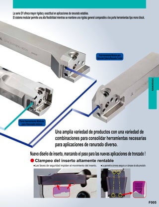 F005
a
RANURADO
LaserieGYofrecemayorrigidezyexactitudenaplicacionesderanuradoestables.
Elsistemamodularpermiteunaaltaflexibilidadmientrassemantieneunarigidezgeneralcomparablealosportaherramientastipomonoblock.
Nuevodiseñodeinserto,marcandoelpasoparalasnuevasaplicacionesdetronzado!
●Las llaves de seguridad impiden el movimiento del inserto. ●La geometría convexa asegura un clampeo de alta precisión.
Clampeo del inserto altamente rentable
Cara de
contacto
conveza
Porta herramienta Modular
para Ranurado Interno
PortaherramientaModularpara
RanuradoExterno/RanuradoFrontal
Una amplia variedad de productos con una variedad de
combinaciones para consolidar herramientas necesarias
para aplicaciones de ranurado diverso.
 