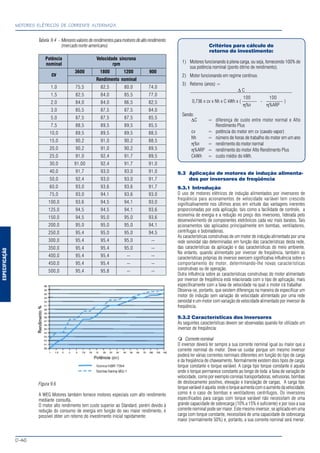 ESPECIFICAÇÃO
MOTORES ELÉTRICOS DE CORRENTE ALTERNADA
D-46
Tabela 9.4 - Menoresvaloresderendimentosparamotoresdealtorendimento
(mercado norte-americano)
Potência Velocidade síncrona
nominal rpm
cv
3600 1800 1200 900
Rendimento nominal
1,0 75,5 82,5 80,0 74,0
1,5 82,5 84,0 85,5 77,0
2,0 84,0 84,0 86,5 82,5
3,0 85,5 87,5 87,5 84,0
5,0 87,5 87,5 87,5 85,5
7,5 88,5 89,5 89,5 85,5
10,0 89,5 89,5 89,5 88,5
15,0 90,2 91,0 90,2 88,5
20,0 90,2 91,0 90,2 89,5
25,0 91,0 92,4 91,7 89,5
30,0 91,00 92,4 91,7 91,0
40,0 91,7 93,0 93,0 91,0
50,0 92,4 93,0 93,0 91,7
60,0 93,0 93,6 93,6 91,7
75,0 93,0 94,1 93,6 93,0
100,0 93,6 94,5 94,1 93,0
125,0 94,5 94,5 94,1 93,6
150,0 94,5 95,0 95,0 93,6
200,0 95,0 95,0 95,0 94,1
250,0 95,4 95,0 95,0 94,5
300,0 95,4 95,4 95,0 --
350,0 95,4 95,4 95,0 --
400,0 95,4 95,4 -- --
450,0 95,4 95,4 -- --
500,0 95,4 95,8 -- --
Figura 9.6
A WEG Motores também fornece motores especiais com alto rendimento
mediante consulta.
O motor alto rendimento tem custo superior ao Standard, porém devido à
redução do consumo de energia em função do seu maior rendimento, é
possível obter um retorno do investimento inicial rapidamente:
Critérios para cálculo do
retorno do investimento:
1) Motores funcionando à plena carga, ou seja, fornecendo 100% de
sua potência nominal (ponto ótimo de rendimento).
2) Motor funcionando em regime contínuo.
3) Retorno (anos) =
∆ C––––––––––––––––––––––––––––––––––––––––––
100 100
0,736 x cv x Nh x C kWh x ( –––––– - ––––––– )
η%n η%ARP
Sendo:
∆C = diferença de custo entre motor normal e Alto
Rendimento Plus
cv = potência do motor em cv (cavalo vapor)
Nh = número de horas de trabalho do motor em um ano
η%n = rendimento do motor normal
η%ARP = rendimento do motor Alto Rendimento Plus
CkWh = custo médio do kWh.
9.3 Aplicação de motores de indução alimenta-
dos por inversores de freqüência
9.3.1 Introdução
O uso de motores elétricos de indução alimentados por inversores de
freqüência para acionamentos de velocidade variável tem crescido
significativamente nos últimos anos em virtude das vantagens inerentes
proporcionadas por esta aplicação, tais como a facilidade de controle, a
economia de energia e a redução no preço dos inversores, liderada pelo
desenvolvimento de componentes eletrônicos cada vez mais baratos. Tais
acionamentos são aplicados principalmente em bombas, ventiladores,
centrífugas e bobinadeiras.
As características construtivas de um motor de indução alimentado por uma
rede senoidal são determinadas em função das características desta rede,
das características da aplicação e das características do meio ambiente.
No entanto, quando alimentado por inversor de freqüência, também as
características próprias do inversor exercem significativa influência sobre o
comportamento do motor, determinando-lhe novas características
construtivas ou de operação.
Outra influência sobre as características construtivas do motor alimentado
por inversor de freqüência está relacionada com o tipo de aplicação, mais
especificamente com a faixa de velocidade na qual o motor irá trabalhar.
Observa-se, portanto, que existem diferenças na maneira de especificar um
motor de indução sem variação de velocidade alimentado por uma rede
senoidal e um motor com variação de velocidade alimentado por inversor de
freqüência.
9.3.2 Características dos inversores
As seguintes características devem ser observadas quando for utilizado um
inversor de freqüência:
Correntenominal
O inversor deverá ter sempre a sua corrente nominal igual ou maior que a
corrente nominal do motor. Deve-se cuidar porque um mesmo inversor
poderá ter várias correntes nominais diferentes em função do tipo de carga
e da freqüência de chaveamento. Normalmente existem dois tipos de carga:
torque constante e torque variável. A carga tipo torque constante é aquela
onde o torque permanece constante ao longo de toda a faixa de variação de
velocidade, como por exemplo correias transportadoras, extrusoras, bombas
de deslocamento positivo, elevação e translação de cargas. A carga tipo
torquevariáveléaquela ondeotorqueaumentacomoaumentodavelocidade,
como é o caso de bombas e ventiladores centrífugos. Os inversores
especificados para cargas com torque variável não necessitam de uma
grande capacidade de sobrecarga (10% a 15% é suficiente) e por isso a sua
corrente nominal pode ser maior. Este mesmo inversor, se aplicado em uma
carga com torque constante, necessitará de uma capacidade de sobrecarga
maior (normalmente 50%) e, portanto, a sua corrente nominal será menor.
 