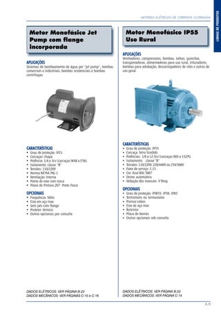 A-11
LINHASDEPRODUTOS
MOTORES ELÉTRICOS DE CORRENTE ALTERNADA
APLICAÇÕES
Ventiladores, compressores, bombas, talhas, guinchos,
transportadoras, alimentadoras para uso rural, trituradores,
bombas para adubação, descarregadores de silos e outras de
uso geral.
CARACTERÍSTICAS
Grau de proteção: IP55
Carcaça: ferro fundido
Potências: 1/6 a 12,5cv (carcaças 90S a 132M)
Isolamento: classe “B”
Tensões: 110/220V, 220/440V ou 254/508V
Fator de serviço: 1.15
Cor: Azul RAL 5007
Dreno automático
Vedação dos mancais: V’Ring
OPCIONAIS
Grau de proteção: IPW55, IP56, IP65
Termistores ou termostatos
Prensa-cabos
Eixo de aço inox
Retentor
Placa de bornes
Outros opcionais sob consulta
DADOS ELÉTRICOS: VER PÁGINA B-22
DADOS MECÂNICOS: VER PÁGINA C-14
Motor Monofásico IP55
Uso Rural
Motor Monofásico Jet
Pump com flange
incorporada
APLICAÇÕES
Sistemas de bombeamento de água por “jet pump”, bombas
comerciais e industriais, bombas residenciais e bombas
centrífugas
CARACTERÍSTICAS
Grau de proteção: IP21
Carcaças: chapa
Potência: 1/4 a 3cv (carcaças W48 a E56)
Isolamento: classe “B”
Tensões: 110/220V
Norma NEMA MG-1
Ventilação Interna
Ponta de eixo com rosca
Plano de Pintura 207- Preto Fosco
OPCIONAIS
Frequência: 50Hz
Eixo em aço inox
Sem pés com flange
Protetor térmico
Outros opcionais por consulta
DADOS ELÉTRICOS: VER PÁGINA B-22
DADOS MECÂNICOS: VER PÁGINAS C-15 e C-16
 