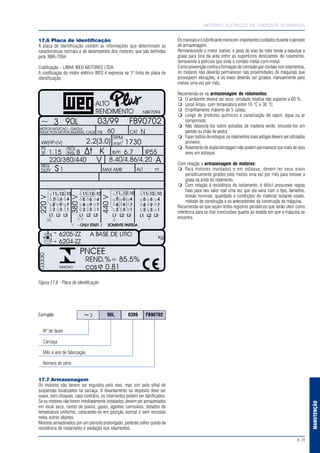 F-11
MANUTENÇÃO
MOTORES ELÉTRICOS DE CORRENTE ALTERNADA
~ 3
17.6 Placa de identificação
A placa de identificação contém as informações que determinam as
características normais e de desempenho dos motores; que são definidas
pela NBR-7094.
Codificação - LINHA WEG MOTORES LTDA.
A codificação do motor elétrico WEG é expressa na 1ª linha de placa de
identificação.
Figura 17.6 - Placa de identificação
Exemplo: 90L 0399 FB90702
Nº de fases
Carcaça
Mês e ano de fabricação
Número de série
17.7 Armazenagem
Os motores não devem ser erguidos pelo eixo, mas sim pelo olhal de
suspensão localizados na carcaça. O levantamento ou depósito deve ser
suave, sem choques, caso contrário, os rolamentos podem ser danificados.
Se os motores não forem imediatamente instalados, devem ser armazenados
em local seco, isento de poeira, gases, agentes corrosivos, dotados de
temperatura uniforme, colocando-os em posição normal e sem encostar
neles outros objetos.
Motores armazenados por um período prolongado, poderão sofrer queda da
resistência de isolamento e oxidação nos rolamentos.
Os mancais e o lubrificante merecem importantes cuidados durante o período
de armazenagem.
Permanecendo o motor inativo, o peso do eixo do rotor tende a expulsar a
graxa para fora da área entre as superfícies deslizantes do rolamento,
removendo a película que evita o contato metal-com-metal.
Como prevenção contra a formação de corrosão por contato nos rolamentos,
os motores não deverão permanecer nas proximidades de máquinas que
provoquem vibrações, e os eixos deverão ser girados manualmente pelo
menos uma vez por mês.
Recomenda-se na armazenagem de rolamentos:
O ambiente deverá ser seco, umidade relativa não superior a 60 %;
Local limpo, com temperatura entre 10 °C e 30 °C;
Empilhamento máximo de 5 caixas;
Longe de produtos químicos e canalização de vapor, água ou ar
comprimido;
Não depositá-los sobre estrados de madeira verde, encostá-los em
parede ou chão de pedra;
Fazerrodíziodeestoque;osrolamentosmaisantigosdevemserutilizados
primeiro;
Rolamento de dupla blindagem não podem permanecer por mais de dois
anos em estoque.
Com relação a armazenagem de motores:
Para motores montados e em estoque, devem ter seus eixos
periodicamente girados pelo menos uma vez por mês para renovar a
graxa na pista do rolamento.
Com relação à resistência de isolamento, é difícil prescrever regras
fixas para seu valor real uma vez que ela varia com o tipo, tamanho,
tensão nominal, qualidade e condições do material isolante usado,
método de construção e os antecedentes da construção da máquina.
Recomenda-se que sejam feitos registros periódicos que serão úteis como
referência para se tirar conclusões quanto ao estado em que a máquina se
encontra.
 