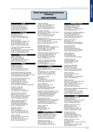REDE NACIONAL DE ASSISTENTES TÉCNICOS
G-3
ASSISTÊNCIATÉCNICA
Rede Nacional de Assistentes
Técnicos
WEG MOTORES
ACRE
RIO BRANCO (69903-470)
* Eleacre - Eng. e Com. Ltda.
Av. Ceará, 3321 Est. Experimental
Tel. (68) 226-3772, Fax (68) 226-1157
E-MAIL: eleacre@mdnet.com.br
ALAGOAS
ARAPIRACA (57300-470)
A.E. Nascimento - ME
Rua Prof. Domingos Rodrigues, 161
Tel. (82) 521-1044, Fax (82) 521-1044
MACEIÓ (57035-420)
* Ema Eletro Motores de Alagoas Ltda.
Av. Dr. Júlio Marques Luz, 1890
Tel. (82) 327-4068, Fax (82) 327-4068
E-MAIL: emaeletromotores@uol.com.br
SÃO MIGUEL DOS CAMPOS (57240-000)
Motormáquinas Ltda.
Av. João Soriano Bomfim, 602-Sen. Rui Palmeira
Tel. (82) 271- 4826, Fax (82) 271- 4826
E-MAIL: mml@motomaquinas.com.br
AMAZONAS
MANAUS (69065-030)
* Coml. & Instl. Sarah Ltda.
Av. Borba, 904 Cachoeirinha
Tel. (92) 234-2030, Fax (92) 234-5128
E-MAIL: sarah-cis@osite.com.br
BAHIA
BARREIRAS (47800-000)
* Elétrica Raposo Ltda.
Rua Prof. José Seabra, 22
Tel. (77) 811-1812 Fax (77) 811-6149
E-MAIL: eletricaraposo@uol.com.br
LUIZ EDUARDO MAGALHÃES (47813-000)
* Elétron Volt Serviço de Eletricidade Ltda.
Rua José Cardoso de Lima s/n° Quadra 17, lote 06
Tel. (77) 628-1076 Fax (77) 628-1076
CRUZ DAS ALMAS (44380-000)
* José Carlos Gomes de Moura
Av. Getúlio Vargas, 558 – Centro
Tel. (75) 721-1820, Fax (75) 721-1820
E-MAIL moelge@cdlmma.com.br
Home Page: www.cruzdasalmas.com.br/moelge
EUNÁPOLIS (45825-000)
Laura Fracalossi Bobbio
Av. Santos Dumont, 122 Pequi
Tel. (73) 281-2773, Fax (73) 281-2773
FEIRA DE SANTANA (44072-490)
Elétrica Ferman e Peças Ltda.
Praça Dr. Jackson do Amauri, 108 Centro
Tel. (75) 221-0060, Fax (75)223-0329
E-MAIL: casastoantonio@ig.com.br
FEIRA DE SANTANA (44050-220)
Reniedson Mattos de Borges
Av. Eduardo Fróes da Mota, 2359
Tel. (75) 625-5486 Fax.(75)625-5262
E-MAIL: reniedson@ig.com.br
GUANAMBI (46430-000)
Eugênio J. de Araújo
Rua Dr. José Humberto Nunes, 142
Tel. (77) 451-1216, Fax (77) 451-1216
E-MAIL: eletromotores@micks.com.br
IRECÊ (44900-000)
Joaquim de Carvalho Neto - Emaquel
Av. Tertuliano Cambuí, 126
Tel. (74) 641-1567, Fax (74) 641-3727
E-MAIL: emaquel@plug.com.br
ITABUNA (45600-000)
Comatel Com. de Matl. Elétrico Ltda.
Rua São Francisco, 292 Fátima
Tel. (73) 211-5913, Fax (73)211-5913
E-MAIL: comatelbahia@bol.com.br
SALVADOR (41280-000)
Manutécnica Manut. Eletromec. Máqs. Equips.
Rua Vicente Celestino, 39
Tel. (71) 246-2873, Fax (71)246-1339
E-MAIL: manutecnica@svn.com.br
SALVADOR (40310-100)
* Staummaq Serv. Téc. Automação Mot. e Máq. Ltda.
Rua “G”, 16 Jardim Eldorado
Tel. (71) 381-1978/1172 Fax (71) 382-2636
E-MAIL: staummaq@lognet.com.br
SALVADOR (40310-100)
* Synotec Motores Elétricos e Engenharia Ltda
Travessa Japeaçú, 107 - Dias D’Ávila
Tel. (71) 625-2661, Fax (71) 625-1844
E-MAIL: synotek@bol.com.br
TEIXEIRA DE FREITAS (45995-000)
* João Sandro Martins Rodrigues – ME
Av. Pres. Getúlio Vargas, 324 – Trevo
Tel. (73) 292-6399, Fax (73) 292-5066
E-MAIL: eletrweg@uol.com.br
VITÓRIA DA CONQUISTA (45100-000)
Volfil Volmar Filadelfo Prado & Cia. Ltda.
Av. Santos Dumont, 413
Tel. (77) 422-3249, Fax (77) 422-3249
CEARÁ
CRATO (63100-000)
* Vicente Mangueira Rolim Com. de Matl. Elétrico
Ltda
Av. Padre Cícero, 1110 – B. São Miguel
Tel. (88) 521-2350, Fax (88) 521-2350
E-MAIL: oficinamangueira@bol.com.br
FORTALEZA (60325-330)
Iselétrica Ltda.
Av. José Bastos, 933
Tel. (85) 281-7177, Fax (85) 281-5681
E-MAIL: adm@iseletrica.com.br
IGUATU (63500-000)
Francisco J. Amaral Araujo – ME
Rua Cel. Mendonça, 100
Tel. (88) 581-2569, Fax (88) 581-2569
E-MAIL: asteca@baydejbc.com.br
LIMOEIRO DO NORTE (62930-000)
* Eletrovale Serviços de Engenharia Ltda.
Av. Dom Aureliano Matos, 1363 - Centro
Tel. (88)423-4043, Fax (88)423-4043
E-MAIL: eletrovale@secrel.com.br
MARACANAÚ (61900-000)
*PW Eletrotécnica Com. e Serviços Ltda ME
Av. Mendel Steinbruch, 2807 – Lojas B e C
Tel. (85)297-2443, Fax (85)297-2443
E-MAIL: pweletrotecnica@secrel.com.br
SOBRAL (62010-010)
Sabino Patrocínio
Rua Floriano Peixoto, 228
Tel. (88) 611-2398
DISTRITO FEDERAL
BRASILIA (71215-200)
* Eletro Cometa Motores e Ferramentas
SOF/SUL - Quadra 3 - Conj.A - Lote 76
Tel. (61)234-1786, Fax (61)234-5359
E-MAIL: eletro.cometa@terra.com.br
TAGUATINGA (72110-045)
ESPÍRITO SANTO
ARACRUZ (29190-000)
* Estel Maqs. e Servs. Inds. Ltda.
Rua Luiz Musso, 240 Vila Nova
Tel (27) 3256-1711, Fax (27) 3256-3138
E-MAIL: estel@estel.com.br
CACHOEIRO DO ITAPEMIRIM (29300-500)
Nicolau Bolzan Eletromotores Ltda.
Av. Jones dos Santos Neves, 78
Tel. (27) 3521-0155, Fax (27) 3521-0287
E-MAIL: nbolzan@spponline.com.br
CARIACICA (29140-502)
Elétrica Barros Ltda.
Rod. BR-262, km 4,5 Campina Grande
Tel. (27) 3336-9534, Fax (27) 3336-9534
COLATINA (29700-500)
Elétrica Andrade Ltda.
Rua Joaquim Lucas Sobrinho, 12
Tel. (27) 3722-4091, Fax (27) 3722-4091
E-MAIL: eletrica.andrade@bol.com.br
GUAÇUÍ (29560-000)
Eletro São Miguel Ltda.
Av. José Alexandre, 536
Tel. (27) 553-1748, Fax (27) 553-2677
LINHARES (29902-100)
Denclair Games Martins – ME
Av. Samuel Batista Cruz, 2617
Tel. (27) 371-1370
SÃO MATEUS (29930-000)
Eletrolima Eletrifs. Lima Ltda.
Rod. BR-101, km 65 Norte
Tel. (27) 763-1786, Fax (27) 763-1786
E-MAIL: eletrolima@escelsa.com.br
SERRA (29164-030)
* Luvam Eletromecânica Ltda
Rua Castelo, 935
Tel.(27) 3328-3026, Fax (27) 3328-8936
E-MAIL: luvam1997@aol.com
SERRA (29176-970)
* Tereme Tec. Recup. Máqs. Eletricas Ltda.
Rua D, 100 – Novo Horizonte
Tel.(27) 3228-2320, Fax (27) 3328-1755
E-MAIL: tereme@zaz.com.br
Home Page: www. tereme.com.br
VENDA NOVA DO IMIGRANTE (29375-000)
* C.G.C. Nascimento ME
Av. Lorenzo Zandonade, 297 - Vl. Betania
Tel. (27) 546-1361, Fax (27) 546-1361
E-MAIL: cgcnascimento@escelsa.com.br
GOIÁS
ACREÚNA (75960-000)
* Aildo Borges Cabral
Rua Amaury Pires Caetano, nº 117 - Centro
Tel. (62) 645-1491, Fax (62) 645-1491
E-MAIL: acabral@dgmnet.com.br
ANÁPOLIS (75001-970)
* Delmar Gomes da Silva
Rod. BR-153/60, km 51, n1 455
Tel. (62) 314-1499, Fax (62) 314-1267
E-MAIL: centroeletrico@uol.com.br
CATALÃO (75709-230)
* Erotildes Ferreira Costa
Av. Portugal Porto Gumarães, 417
Tel. (64) 411-1082, Fax (64) 411-1082
E-MAIL: efcengel@innet.psi.br
GOIÂNIA (74435-190)
* Ajel Service Ltda.
Rua 12, 206 Quadra 17 Lote 34/2 – Bairro dosEletro Enrol. Máqs. e Equips. Ltda.
C.N.A. 04 - Lote 11 - Loja 01/04
Tel. (61) 561-0688, Fax (61) 351-7660
Aeroviários
Tel. (62) 295-3188, Fax (62) 295-1890
E-MAIL: ajel@terra.com.br
 
