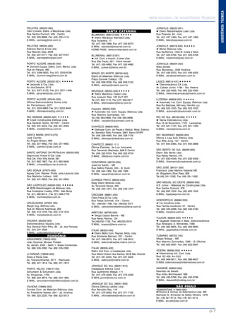 REDE NACIONAL DE ASSISTENTES TÉCNICOS
G-7
ASSISTÊNCIATÉCNICA
PELOTAS (96020-380)
Cem Constrs. Elétrs. e Mecânicas Ltda.
Rua Santos Dumont, 409 - Centro
Tel. (53) 225-8699, Fax (53) 225-4119
E-MAIL: cemweg@bol.com.br
PELOTAS (96020-480)
Ederson Barros & Cia Ltda
Rua Marcilio Dias, 2348
Tel. (53) 227-0777, Fax (53) 227-0727
E-MAIL: barroseletro@aol.com
PORTO ALEGRE (90230-200)
* Dumont Equips. Elétrs. Com. Manut. Ltda.
Rua do Parque, 480
Tel. (51) 3346-3822, Fax (51) 3222-8739
E-MAIL: dumont.weg@terra.com.br
PORTO ALEGRE (90200-001)
* Jarzynski & Cia. Ltda.
Av. dos Estados, 2215
Tel. (51) 3371-2133, Fax (51) 3371-1449
E-MAIL: jarzynski@zaz.com.br
PORTO ALEGRE (90240-005)
Oficina Eletromecânica Sulina Ltda.
Av. Pernambuco, 2277
Tel. (51) 3222-8805 Fax (51) 3222-8442
E-MAIL: oficinasulina@ig.com.br
RIO GRANDE (96200-400)
* Crizel Construções Elétricas Ltda.
Rua General Osório, 521/527 - Centro
Tel. (53) 231-4044, Fax (53) 231-4033
E-MAIL: crizel@mikrus.com.br
SANTA MARIA (97015-070)
José Camillo
Av. Ângelo Bolson, 680
Tel. (55) 221-4862, Fax (55) 221-4862
E-MAIL: camillo1@zaz.com.br
SANTO ANTONIO DA PATRULHA (95500-000)
Segmundo Hnszel & Cia. Ltda.
Rua Cel. Vítor Villa Verde, 581
Tel. (51) 662-1967, Fax (51) 662-5646
E-MAIL: s.hnszel@pro.via-rs.com.br
SÃO BORJA (97670-000)
Aguay Com. Repres. Prods. para Lavoura Ltda.
Rua Martinho Luthero, 1481
Tel. (55) 431-2933, Fax (55) 431-2933
SÃO LEOPOLDO (93020-250)
* MVM Rebobinagem de Motores Ltda.
Rua Cristopher Irvalley, 2700 - São Borja
Tel. (51) 592-8213 , Fax (51) 589-7776
E-MAIL: mvmreb@bol.com.br
URUGUAIANA (97505-190)
Marjel Eng. Elétrica Ltda.
Rua Dr. Marcos Azambuja, 383
Tel. (55) 413-1016, Fax (55) 413-1016
E-MAIL: marjelee@uol.com.br
VACARIA (95200-000)
Eletromecânica Vacaria Ltda.
Rua General Paim Filho, 95 - Jd. dos Pampas
Tel. (54) 231-2556
E-MAIL: icoburatto@uol.com.br
RONDÔNIA
ARIQUEMES (78932-000)
João Guiomar Moraes Prestes
Av. Jamari, 2334 - Setor 1- Areas Comerciais
Tel. (69) 535-2382, Fax (69) 535-2382
JI-PARANÁ (78958-000)
Alves e Paula Ltda.
Av. Transcontinental, 2211 - Riachuelo
Tel. (69) 421-1813, Fax (69) 421-1813
PORTO VELHO (78915-100)
Schumann & Schumann Ltda.
Av. Amazonas, 1755
Tel. (69) 224-3974, Fax (69) 224-1865
E-MAIL: schumannmotoreletrico@bol.com.br
VILHENA (78995-000)
Comitel Com. de Materiais Elétricos Ltda
Av. Presidente Nasser, 204 – Jd. América
Tel. (69) 322-2220, Fax (69) 322-2013
SANTA CATARINA
BLUMENAU (89012-020)
* Eletro Mecânica Standard Ltda.
Rua Tocantins, 77
Tel. (47) 340-1999, Fax (47) 322-6273
E-MAIL: standard@braznet.com.br
HOME-PAGE: www.emstandard.com.br
BLUMENAU (89012-001)
* Ind. Com. e Import. Junker Ltda.
Rua São Paulo, 281 - Victor kender
Tel. (47) 322-4692, Fax (47) 322-4692
E-MAIL: junker.e@terra.com.br
BRAÇO DO NORTE (88750-000)
Eletro-Jô Materiais Elétricos Ltda.
Praça Coronel Collaço, 123
Tel. (48) 658-2539, Fax (48) 658-3102
E-MAIL: eletrojo@matrix.com.br
BRUSQUE (88353-320)
* Eletro Mecânica Cadori Ltda.
Rua Joaquim Reis, 125 Cx.P. 257
Tel (47) 350-1115, Fax (47) 350-0317
E-MAIL: eletrocadori@terra.com.br
Caçador (89500-000)
* Automatic Ind. Com. Equips. Elétricos Ltda
Rua Altamiro Guimarães, 101
Tel (49) 563-0806, Fax (49) 563-0806
E-MAIL: cacador@automatic.com.br
CHAPECÓ (89809-000)
* Eletropar Com. de Peças e Rebob. Mots. Eletrico
Av. Senador Atilio Fontana, 2961 Bairro EFAPI
Tel. (49) 329-4060, Fax (49) 328-7125
E-MAIL: eletropar@desbrava.com.br
CHAPECÓ (89802-111)
Oficina Eletrotec. de Luiz Innocente
Rua Fernando Machado, 828-D Centro
Tel. (49) 322-0724, Fax (49) 322-0724
E-MAIL: ofeli@cco.matrix.com.br
CONCÓRDIA (89700-000)
José Irio Santin – ME
Rua Delfino Paludo, 220 – B. Sunti
Tel. (49) 444-1365, Fax (49) 1365
E-MAIL: easantin@netcon.com.br
CORREIA PINTO (88535-000)
Keep Eletro Motores Ltda.
Av. Tancredo Neves, 305
Tel. (49) 243-1377, Fax (49) 243-1377
CRICIÚMA (88801-240)
Célio Felipe & Cia. Ltda.
Rua Felipe Schmidt, 124 – Centro
Tel.: (48)433-1768, Fax (48)433-7077
E-MAIL: celiomotoreseletrico@terra.com.br
IMBITUBA (88780-000)
* Sérgio Cassol Bainha – ME
Rua Nereu Ramos, 124
Tel.(48)255-1738, Fax (48)255-2618
E-MAIL: scassol@terra.com.br
ITAJAÍ (88303-040)
* Eletro Mafra Com. Repres. Mots. Ltda.
Rua Almirante Barroso, 257 - Centro
Tel. (47) 348-2915, Fax (47) 348-2915
E-MAIL: eletromafra@iai.matrix.com.br
ITAJAÍ (88309-400)
Eletro Volt Com. e Instalações Ltda.
Rua Nilson Edson dos Santos. 85-B São Vicente
Tel. (47) 241-2222, Fax (47) 241-2222
E-MAIL: eletrovol@matrix.com.br
JARAGUÁ DO SUL (89251-610)
Instaladora Elétrica Conti
Rua Guillherme Weege, 111
Tel. (47) 275-4000, Fax (47) 275-4000
E-MAIL:jconti@netuno.com.br
JARAGUÁ DO SUL (89251-600)
Oficina Elétrica Leitzke Ltda.
Rua Reinoldo Rau, 116
Tel. (47) 275-0050, Fax (47) 371-7100
E-MAIL: oficinaleitzke@netuno.com.br
JOINVILLE (89222-061)
* Eletro Rebobinadora Lider Ltda.
Rua Piratuba, 84 - Iririú
Tel. (47) 437-1363, Fax (47) 437-1363
E-MAIL: lider@expresso.com.br
JOINVILLE (89218-500)
* Merko Motores Ltda.
Rua Guilherme, 1545 B. Costa e Silva
Tel. (47) 425-4794, Fax (47) 425-4794
E-MAIL: merkomot@zaz.com.br
JOINVILLE (89204-250)
Nilso Zenato
Rua Blumenau, 1934 América
Tel. (47) 435-2373, Fax (47) 435-4225
E-MAIL: zenato@netivision.com.br
LAGES (88514-431)
* Eletromecânica CA Ltda.
Av. Caldas Júnior, 1190 – Sta. Helena
Tel. (49) 222-4500, Fax (49) 222-4500
E-MAIL: eletromecanicaca@matrix.com.br
LUZERNA (89609-000)
* Automatic Ind. Com. Equips. Elétricos Ltda
Rua Rui Barbosa, 564 esq. Hercílio Luz
Tel. (49) 523-1033, Fax (49) 523-1033
E-MAIL: automatic@automatic.com.br
RIO DO SUL (89160-000)
* Nema Eletrotécnica Ltda.
Rua 15 de Novembro, 1122 - Laranjeiras
Tel. (47) 521-1137, Fax (47) 521-1333
E-MAIL: nema@nema.com.br
RIO NEGRINHO (89295-000)
Oficina e Loja Auto Elétrica Ltda.
Rua Willy Jung, 157 - Centro
Tel. (47) 644-2460, Fax (47) 644-3868
SÃO BENTO DO SUL (89290-000)
Eletro São Bento Ltda.
Rua Nereu Ramos, 475
Tel. (47) 633-4349, Fax (47) 633-4349
E-MAIL: thiemann@creativenet.com.br
SÃO JOSÉ (88101-250)
Francisco João Martins Habkost ME
Av. Brigadeiro Silva Paes, 808
Tel.(48) 241-1592, Fax (48) 241-1592
SÃO MIGUEL DO OESTE (89900-000)
A.S. Júnior – Materiais de Construções Ltda.
Rua Santos Dumont, 376
Tel. (49) 622-1224, Fax (49) 622-1224
E-MAIL: loja@asjunior.com.br
SIDERÓPOLIS (88860-000)
* Ino Inocêncio Ltda.
Rua Família Inocêncio, 57 - Centro
Tel. (48) 435-3088, Fax (48) 435-3160
E-MAIL: ino@ino.com.br
TIJUCAS (88200-000)
* Gigawatt Sistemas e Mats. Eletromecânicos
Rua Athanázio A. Bernardes, 1060
Tel. (48) 263-0605, Fax (48) 263-0605
E-MAIL: gigawatt@unetvale.com.br
TUBARÃO (88702-100)
Sérgio Botega – ME
Rua Altamiro Guimarães, 1085 – B. Oficinas
Tel. (48) 622-0567, Fax (48) 622-0567
VIDEIRA (89560-000)
* Videmotores Ind. Com. Ltda.
Rod. SC 453, Km 53,5
Tel. (49) 566-0911, Fax (49) 566-4627
E-MAIL:videmotores@videmotores.com.br
XANXERÊ (89820-000)
Deonildo de Zanetti
Rua Irineu Bornhausen, 560
Tel. (49) 433-0799, Fax (49) 433-0799
E-MAIL: dezanetti@netbig.com.br
SÃO PAULO
ADAMANTINA (17800-000)
*Oliveira & Gomes de Adamantina Ltda. ME
Alameda Dr. Armando de Salles Oliveira, 1079
Tel. (18) 521-4712, Fax (18) 521-4712
E-MAIL: eo.adt@zaz.com.br
 