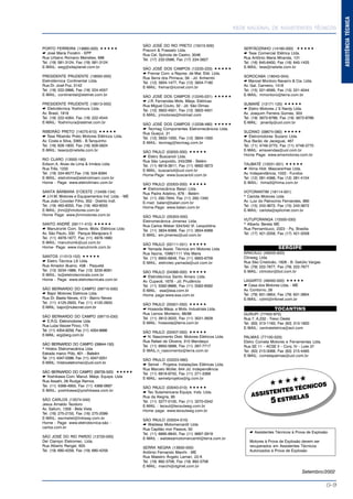 REDE NACIONAL DE ASSISTENTES TÉCNICOS
G-9
ASSISTÊNCIATÉCNICA
PORTO FERREIRA (13660-000)
* José Maria Foratini - EPP
Rua Urbano Romano Meirelles, 696
Tel. (19) 581-3124, Fax (19) 581-3124
E-MAIL: weg@siteplanet.com.br
PRESIDENTE PRUDENTE (19050-000)
Eletrotécnica Continental Ltda.
Rua Dr. José Foz, 3142
Tel. (18) 222-2866, Fax (18) 224-4557
E-MAIL: continental@stetnet.com.br
PRESIDENTE PRUDENTE (19013-000)
* Eletrotécnica Yoshimura Ltda.
Av. Brasil, 1818
Tel. (18) 222-4264, Fax (18) 222-4544
E-MAIL: Yoshimura@stetnet.com.br
RIBEIRÃO PRETO (14075-610)
* Tese Ribeirão Preto Motores Elétricos Ltda.
Av. Costa e Silva, 3365 - B.Tanquinho
Tel. (16) 628-1800, Fax (16) 628-5824
E-MAIL: teserp@netsite.com.br
RIO CLARO (13500-160)
Edison A. Alves de Lima & Irmãos Ltda.
Rua Três, 1232
Tel. (19) 534-8577,Fax (19) 534-8394
E-MAIL: eletrolima@eletrolimarc.com.br
Home - Page: www.eletrolimarc.com.br
SANTA BÁRBARA D’OESTE (13456-134)
* J.H.M. Motores e Equipamentos Ind. Ltda. - ME
Rua João Covolan Filho, 352 - Distrito Indl.
Tel. (19) 463-6055, Fax (19) 463-6055
E-MAIL: jhm@jhmotores.com.br
Home Page: www.jhmmotores.com.br
SANTO ANDRÉ (09111-410)
* Manutronik Com. Servs. Mots. Elétricos Ltda
Av. São Paulo, 330 Parque Marajoara II
Tel. (11) 4978-1677, Fax (11) 4978-1680
E-MAIL: manutronik@uol.com.br
Home- Page: www.manutronik.com.br
SANTOS (11013-152)
* Eletro Técnica LS Ltda.
Rua Amador Bueno, 438 - Paquetá
Tel. (13) 3234-1886, Fax (13) 3235-8091
E-MAIL: ls@eletrotecnicals.com.br
Home - Page: www.eletrotecnicals.com.br
SÃO BERNARDO DO CAMPO (09715-030)
* Bajor Motores Eletricos Ltda.
Rua Dr. Baeta Neves, 413 - Bairro Neves
Tel. (11) 4125-2933, Fax (11) 4125-2933
E-MAIL: bajor@nutecnet.com.br
SÃO BERNARDO DO CAMPO (09715-030)
* E.R.G. Eletromotores Ltda
Rua Luíza Viezzer Finco, 175
Tel. (11) 4354-9259, Fax (11) 4354-9886
E-MAIL: erg@erg.com.br
SÃO BERNARDO DO CAMPO (09844-150)
* Hristov Eletromecânica Ltda
Estrada marco Pólo, 601 - Batistini
Tel. (11) 4347-0399, Fax (11) 4347-0251
E-MAIL: hristoveletromec@uol.com.br
SÃO BERNARDO DO CAMPO (09735-520)
* Yoshikawa Com. Manut. Máqs. Equips. Ltda
Rua Assahi, 28 Rudge Ramos
Tel. (11) 4368-4955, Fax (11) 4368-0697
E-MAIL: yoshikawa@yoshikawa.com.br
SÃO CARLOS (13574-040)
Jesus Arnaldo Teodoro
Av. Sallum, 1359 - Bela Vista
Tel. (16) 275-2155, Fax (16) 275-2099
E-MAIL: escmelet@linkway.com.br
Home - Page: www.eletrotecnica-são -
carlos.com.br
SÃO JOSÉ DO RIO PARDO (13720-000)
Del Ciampo Eletromec. Ltda.
Rua Alberto Rangel, 655
Tel. (19) 680-4259, Fax (19) 680-4259
SÃO JOSÉ DO RIO PRETO (15015-500)
Praconi & Frassato Ltda.
Rua Cel. Spínola de Castro, 3046
Tel. (17) 232-0586, Fax (17) 234-3827
SÃO JOSÉ DOS CAMPOS (12235-220)
* Fremar Com. e Repres. de Mat. Elét. Ltda.
Rua Serra dos Pirineus, 59 - Jd. Anhembi
Tel. (12) 3934-1477, Fax (12) 3934-7180
E-MAIL: fremar@iconet.com.br
SÃO JOSÉ DOS CAMPOS (12245-031)
* J.R. Fernandes Mots. Máqs. Elétricas
Rua Miguel Couto, 32 - Jd. São Dimas
Tel. (12) 3922-4501, Fax (12) 3922-4501
E-MAIL: jrmotores@hotmail.com
SÃO JOSÉ DOS CAMPOS (12238-480)
* Tecmag Componentes Eletromecânicos Ltda.
Rua Guaçuí, 31
Tel. (12) 3933-1000, Fax (12) 3934-1000
E-MAIL: tecmag@tecmag.com.br
SÃO PAULO (03055-000)
* Eletro Buscarioli Ltda.
Rua São Leopoldo, 243/269 - Belém
Tel. (11) 6618-3611, Fax (11) 6692-3873
E-MAIL: buscarioli@uol.com.br
Home-Page: www.buscarioli.com.br
SÃO PAULO (03303-000)
* Eletromecânica Balan Ltda.
Rua Padre Adelino, 676 - Belém
Tel. (11) 292-7844, Fax (11) 292-1340
E-mail: balan@balan.com.br
Home-Page: www.balan.com.br
SÃO PAULO (05303-000)
Eletromecânica Jimenez Ltda.
Rua Carlos Weber 534/542 Vl. Leopoldina
Tel. (11) 3834-6369, Fax (11) 3834-6369
E-MAIL: em.jimenez@uol.com.br
SÃO PAULO (02111-031)
* Yamada Assist. Técnica em Motores Ltda
Rua Itaúna, 1099/1111 Vila Maria
Tel. (11) 6955-6849, Fax (11) 6955-6709
E-MAIL: eletrotec.yamada@uol.com.br
SÃO PAULO (04366-000)
* Eletrotécnica Santo Amaro Ltda.
Av. Cupecê, 1678 - Jd. Prudêncio
Tel. (11) 5562-8866, Fax (11) 5562-6562
E-MAIL: esa@esa.com.br
Home page:www.esa.com.br
SÃO PAULO (05501-050)
* Hossoda Máqs. e Mots. Industriais Ltda.
Rua Lemos Monteiro, 88/98
Tel. (11) 3812-3022, Fax (11) 3031-2628
E-MAIL: hossoda@terra.com.br
SÃO PAULO (02407-050)
* N. Nascimento Distr. Motores Elétricos Ltda.
Rua Rafael de Oliveira, 310 Mandaqui
Tel. (11) 6950-5699, Fax (11) 267-7717
E-MAIL:n_nascimento@terra.com.br
SÃO PAULO (03223-060)
* Semel - Projetos Instalações Elétricas Ltda.
Rua Marcelo Müller, 644 Jd. Independência
Tel. (11) 6918-9755, Fax (11) 271-3368
E-MAIL: semelprojetos@ig.com.br
SÃO PAULO (03043-010)
* Tec Sulamericana Equips. Inds. Ltda.
Rua da Alegria, 95
Tel. (11) 3277-0100, Fax (11) 3270-0342
E-MAIL : tecsul@tecsulweg.com.br
Home page: www.tecsulweg.com.br
SÃO PAULO (03024-010)
* Waldesa Motomercantil Ltda
Rua Capitão mor Passos, 50
Tel. (11) 6695-8840, Fax (11) 6697-2919
E-MAIL : waldesamotomercantil@terra.com.br
SERRA NEGRA (13930-000)
Antônio Fernando Marchi - ME
Rua Maestro Ângelo Lamari, 22-A
Tel. (19) 892-3706, Fax (19) 892-3706
E-MAIL: marchi@dglnet.com.br
SERTÃOZINHO (14160-000)
* Tese Comercial Elétrica Ltda.
Rua Antônio Maria Miranda, 131
Tel. (16) 645-6400, Fax (16) 645-1425
E-MAIL: tese@netsite.com.br
SOROCABA (18043-004)
* Manoel Montoro Navarro & Cia. Ltda.
Av. Gal. Carneiro, 1418
Tel. (15) 221-6595, Fax (15) 221-4044
E-MAIL: mmontoro@terra.com.br
SUMARÉ (13171-120)
* Eletro Motores J S Nardy Ltda.
Av. Joaquim Ferreira Gomes, 303
Tel. (19) 3873-9766, Fax (19) 3873-9766
E-MAIL: jsnardy@uol.com.br
SUZANO (08674-080)
* Eletromotores Suzano Ltda.
Rua Barão de Jaceguai, 467
Tel. (11) 4748-3770, Fax (11) 4748-3770
E-MAIL: emsvendas@uol.com.br
Home Page: www.emsmotores.com.br
TAUBATÉ (12031-001)
* Hima Hidr. Mascarenhas Ltda.
Av. Independência, 1022 - Fundos
Tel. (12) 281-4366, Fax (12) 281-4104
E-MAIL: hima3@hima.com.br
VOTORANTIM (18114-001)
* Carlota Motores Ltda
Av. Luiz do Patrocinio Fernandes, 890
Tel. (15) 243-3672, Fax (15) 243-3672
E-MAIL: carlota@splicinet.com.br
VUTUPORANGA (15500-030)
* Alberto Bereta ME
Rua Pernambuco, 2323 - Pq. Brasília
Tel. (17) 421-2058, Fax (17) 421-2058
SERGIPE
ARACAJU (49055-620)
Clinweg Ltda
Rua São Cristóvão, 1828 - B. Getúlio Vargas
Tel. (79) 222-7677, Fax (79) 222-7677
E-MAIL: climotor@bol.com.br
LAGARTO (49400-000)
* Casa dos Motores Ltda. - ME
Av. Contorno, 28
Tel. (79) 631-3854, Fax (79) 631-3854
E-MAIL: cdml@infonet.com.br
TOCANTINS
GURUPI (77402-970)
Rua 7, A,232 - Trevo Oeste
Tel. (63) 313-1193, Fax (63) 313-1820
E-MAIL: centraleletrica@aol.com
PALMAS (77100-020)
Eletro Cometa Motores e Ferramentas Ltda.
Rua SE 11 – ACSE II – Conj. IV – Lote 37
Tel. (63) 215-3068, Fax (63) 215-4465
E-MAIL: cometapalmas@uol.com.br
* Assistentes Técnicos à Prova de Explosão
Motores à Prova de Explosão devem ser
recuperados em Assistentes Técnicos
Autorizados à Prova de Explosão
ASSISTENTES TÉCNICOS
5ESTRELAS
Setembro/2002
 