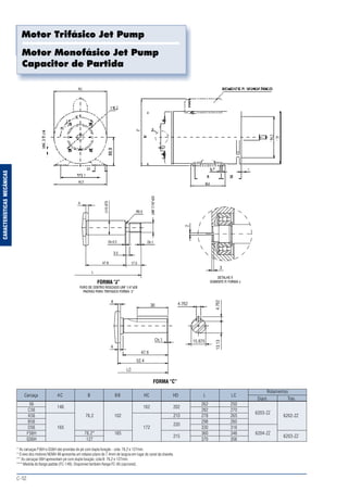 C-12
CARACTERÍSTICASMECÂNICAS
Motor Monofásico Jet Pump
Capacitor de Partida
Motor Trifásico Jet Pump
56 262 250
146 162 202
C56 282 270
6203-ZZ
A56 76,2 102 210 278 265 6202-ZZ
B56 298 285
220
D56 165 172 330 316
F56H 76.2* 165 360 346 6204-ZZ
215 6203-ZZ
G56H 127 370 356
* As carcaças F56H e G56H são providas de pé com dupla furação - cota: 76,2 e 127mm.
* O eixo dos motores NEMA 48 apresenta um rebaixo plano de 7,4mm de largura em lugar do canal da chaveta.
** As carcaças 56H apresentam pé com dupla furação; cota B: 76,2 e 127mm.
*** Medida do flange padrão (FC-149). Disponível também flange FC-95 (opcional).
Carcaça
Rolamentos
Tras.Diant.
LCLHDHCBBBAC
88,9
 