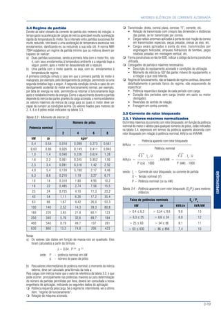 ESPECIFICAÇÃO
MOTORES ELÉTRICOS DE CORRENTE ALTERNADA
D-19
3.4 Regime de partida
Devido ao valor elevado da corrente de partida dos motores de indução, o
tempo gasto na aceleração de cargas de inércia apreciável resulta na elevação
rápida da temperatura do motor. Se o intervalo entre partidas sucessivas for
muito reduzido, isto levará a uma aceleração de temperatura excessiva nos
enrolamentos, danificando-os ou reduzindo a sua vida útil. A norma NBR
7094 estabelece um regime de partida mínimo que os motores devem ser
capazes de realizar:
a) Duas partidas sucessivas, sendo a primeira feita com o motor frio, isto
é, com seus enrolamentos à temperatura ambiente e a segunda logo a
seguir, porém, após o motor ter desacelerado até o repouso.
b) Uma partida com o motor quente, ou seja, com os enrolamentos à
temperatura de regime.
A primeira condição simula o caso em que a primeira partida do motor é
malograda, por exemplo, pelo desligamento da proteção, permitindo-se uma
segunda tentativa logo a seguir. A segunda condição simula o caso de um
desligamento acidental do motor em funcionamento normal, por exemplo,
por falta de energia na rede, permitindo-se retomar o funcionamento logo
após o restabelecimento da energia. Como o aquecimento durante a partida
depende da inércia das partes girantes da carga acionada, a norma estabelece
os valores máximos de inércia da carga para os quais o motor deve ser
capaz de cumprir as condições acima. Os valores fixados para motores de
2, 4, 6 e 8 pólos estão indicados na tabela 3.3.
Tabela 3.3 - Momento de inércia (J)
Número de pólos
Potencia nominal
2 4 6 8
kW cv kgm2
0,4 0,54 0,018 0,099 0,273 0,561
0,63 0,86 0,026 0,149 0,411 0,845
1,0 1,4 0,040 0,226 0,624 1,28
1,6 2,2 0,061 0,345 0,952 1,95
2,5 3,4 0,091 0,516 1,42 2,92
4,0 5,4 0,139 0,788 2,17 4,46
6,3 8,6 0,210 1,19 3,27 6,71
10 14 0,318 1,80 4,95 10,2
18 22 0,485 2,74 7,56 15,5
25 34 0,725 4,10 11,3 23,2
40 54 1,11 6,26 17,2 35,4
63 86 1,67 9,42 26,0 53,3
100 140 2,52 14,3 39,3 80,8
160 220 3,85 21,8 60,1 123
250 340 5,76 32,6 89,7 184
400 540 8,79 49,7 137 281
630 860 13,2 74,8 206 423
Notas
a) Os valores são dados em função de massa-raio ao quadrado. Eles
foram calculados a partir da fórmula:
J = 0,04 . P 0.9
. p 2,5
onde: P - potência nominal em kW
p - número de pares de pólos
b) Para valores intermediários de potência nominal, o momento de inércia
externo, deve ser calculado pela fórmula da nota a.
Para cargas com inércia maior que o valor de referência da tabela 3.3, o que
pode ocorrer, principalmente nas potências maiores ou para determinação
do número de partidas permitidas por hora, deverá ser consultada a nossa
engenharia de aplicação, indicando os seguintes dados da aplicação:
Potência requerida pela carga. Se o regime for intermitente, ver o último
item: “regime de funcionamento”.
Rotação da máquina acionada.
Transmissão: direta, correia plana, correias “V”, corrente, etc.
Relação de transmissão com croquis das dimensões e distâncias
das polias, se for transmissão por correia.
Cargas radiais anormais aplicadas à ponta do eixo: tração da correia
em transmissões especiais, peças pesadas, presas ao eixo, etc.
Cargas axiais aplicadas à ponta do eixo: transmissões por
engrenagem helicoidal, empuxos hidráulicos de bombas, peças
rotativas pesadas em montagem vertical, etc.
Forma construtivas se não for B3D, indicar o código da forma construtiva
utilizada.
Conjugados de partida e máximos necessários:
Descrição do equipamento acionado e condições de utilização.
Momento de inércia ou GD2
das partes móveis do equipamento, e
a rotação a que está referida.
Regimedefuncionamento,nãosetratandoderegimecontínuo,descrever
detalhadamente o período típico do regime, não esquecendo de
especificar:
Potência requerida e duração de cada período com carga;
Duração dos períodos sem carga (motor em vazio ou motor
desligado);
Reversões do sentido de rotação;
Frenagem em contra-corrente.
3.5 Corrente de rotor bloqueado
3.5.1 Valores máximos normalizados
Os limites máximos da corrente com rotor bloqueado, em função da potência
nominal do motor e válidos para qualquer números de pólos, estão indicados
na tabela 3.4, expressos em termos da potência aparente absorvida com
rotor bloqueado em relação à potência nominal, kVA/cv ou kVA/kW.
Potência aparente com rotor bloqueado
kVA/cv = ————————————————
Potência nominal
3 Ip
. U 3 . Ip
. U
kVA/cv = ————— ; kVA/kW = ——————
P (cv) . 1000 P (kW) . 1000
sendo: Ip
- Corrente de rotor bloqueado, ou corrente de partida
U - Tensão nominal (V)
P - Potência nominal (cv ou kW)
Tabela 3.4 - Potência aparente com rotor bloqueado (Sp
/Pn
) para motores
trifásicos
Faixa de potências nominais Sp
/ Pn
kW cv kVA/cv kVA/kW
> 0,4 ≤ 6,3 > 0,54 ≤ 8,6 9,6 13
> 6,3 ≤ 25 > 8,6 ≤ 34 8,8 12
> 25 ≤ 63 > 34 ≤ 86 8,1 11
> 63 ≤ 630 > 86 ≤ 856 7,4 10
√ √
 