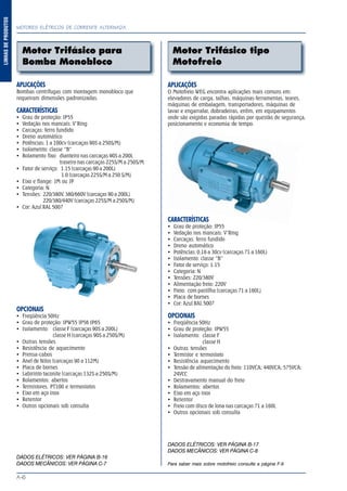 MOTORES ELÉTRICOS DE CORRENTE ALTERNADA
A-6
LINHASDEPRODUTOS
Motor Trifásico para
Bomba Monobloco
Motor Trifásico tipo
Motofreio
APLICAÇÕES
Bombas centrífugas com montagem monobloco que
requeiram dimensões padronizadas.
CARACTERÍSTICAS
Grau de proteção: IP55
Vedação nos mancais: V’Ring
Carcaças: ferro fundido
Dreno automático
Potências: 1 a 100cv (carcaças 90S a 250S/M)
Isolamento: classe “B”
Rolamento fixo: dianteiro nas carcaças 90S a 200L
traseiro nas carcaças 225S/M a 250S/M
Fator de serviço: 1.15 (carcaças 90 a 200L)
1.0 (carcaças 225S/M a 250 S/M)
Eixo e flange: JM ou JP
Categoria: N
Tensões: 220/380V, 380/660V (carcaças 90 a 200L)
220/380/440V (carcaças 225S/M a 250S/M)
Cor: Azul RAL 5007
OPCIONAIS
Freqüência 50Hz
Grau de proteção: IPW55 IP56 IP65
Isolamento: classe F (carcaças 90S a 200L)
classe H (carcaças 90S a 250S/M)
Outras tensões
Resistência de aquecimento
Prensa-cabos
Anel de Nilos (carcaças 90 a 112M)
Placa de bornes
Labirinto taconite (carcaças 132S a 250S/M)
Rolamentos: abertos
Termistores, PT100 e termostatos
Eixo em aço inox
Retentor
Outros opcionais sob consulta
DADOS ELÉTRICOS: VER PÁGINA B-16
DADOS MECÂNICOS: VER PÁGINA C-7
APLICAÇÕES
O Motofreio WEG encontra aplicações mais comuns em:
elevadores de carga, talhas, máquinas-ferramentas, teares,
máquinas de embalagem, transportadores, máquinas de
lavar e engarrafar, dobradeiras, enfim, em equipamentos
onde são exigidas paradas rápidas por questão de segurança,
posicionamento e economia de tempo.
CARACTERÍSTICAS
Grau de proteção: IP55
Vedação nos mancais: V’Ring
Carcaças: ferro fundido
Dreno automático
Potências: 0,16 a 30cv (carcaças 71 a 160L)
Isolamento: classe “B”
Fator de serviço: 1.15
Categoria: N
Tensões: 220/380V
Alimentação freio: 220V
Freio: com pastilha (carcaças 71 a 160L)
Placa de bornes
Cor: Azul RAL 5007
OPCIONAIS
Freqüência 50Hz
Grau de proteção: IPW55
Isolamento: classe F
classe H
Outras tensões
Termistor e termostato
Resistência aquecimento
Tensão de alimentação do freio: 110VCA; 440VCA; 575VCA;
24VCC
Destravamento manual do freio
Rolamentos: abertos
Eixo em aço inox
Retentor
Freio com disco de lona nas carcaças 71 a 160L
Outros opcionais sob consulta
DADOS ELÉTRICOS: VER PÁGINA B-17
DADOS MECÂNICOS: VER PÁGINA C-8
Para saber mais sobre motofreio consulte a página F-9
 