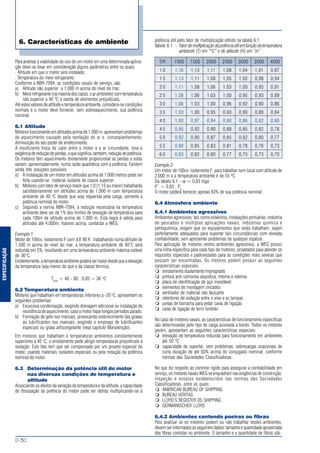 ESPECIFICAÇÃO
MOTORES ELÉTRICOS DE CORRENTE ALTERNADA
D-30
5. Características em regime
Para analisar a viabilidade do uso de um motor em uma determinada aplica-
ção deve-se levar em consideração alguns parâmetros entre os quais:
. Altitude em que o motor será instalado;
. Temperatura do meio refrigerante.
Conforme a NBR-7094, as condições usuais de serviço, são:
a) Altitude não superior a 1.000 m acima do nível do mar;
b) Meio refrigerante (na maioria dos casos, o ar ambiente) com temperatura
não superior a 40 ºC e isenta de elementos prejudiciais.
Até estes valores de altitude e temperatura ambiente, considera-se condições
normais e o motor deve fornecer, sem sobreaquecimento, sua potência
nominal.
6.1 Altitude
Motores funcionando em altitudes acima de 1.000 m. apresentam problemas
de aquecimento causado pela rarefação do ar e, conseqüentemente,
diminuição do seu poder de arrefecimento.
A insuficiente troca de calor entre o motor e o ar circundante, leva à
exigênciadereduçãodeperdas,oquesignifica,também,reduçãodepotência.
Os motores têm aquecimento diretamente proporcional às perdas e estas
variam, aproximadamente, numa razão quadrática com a potência. Existem
ainda três soluções possíveis:
a) A instalação de um motor em altitudes acima de 1.000 metros pode ser
feita usando-se material isolante de classe superior.
b) Motores com fator de serviço maior que 1,0 (1,15 ou maior) trabalharão
satisfatoriamente em altitudes acima de 1.000 m com temperatura
ambiente de 40 o
C desde que seja requerida pela carga, somente a
potência nominal do motor.
c) Segundo a norma NBR-7094, a redução necessária na temperatura
ambiente deve ser de 1% dos limites de elevação de temperatura para
cada 100m de altitude acima de 1.000 m. Esta regra é válida para
altitudes até 4.000m. Valores acima, contactar a WEG.
Exemplo 1:
Motor de 100cv, isolamento F com ∆Τ 80 K , trabalhando numa altitude de
1.500 m acima do nível do mar, a temperatura ambiente de 40°C será
reduzida em 5%, resultando em uma temperatura ambiente máxima estável
de 36°C.
Evidentemente,atemperaturaambientepoderásermaiordesdequeaelevação
da temperatura seja menor do que a da classe térmica.
Tamb
= 40 - 80 . 0,05 = 36 o
C
6.2 Temperatura ambiente
Motores que trabalham em temperaturas inferiores a -20 o
C, apresentam os
seguintes problemas:
a) Excessiva condensação, exigindo drenagem adicional ou instalação de
resistência de aquecimento, caso o motor fique longos períodos parado.
b) Formação de gelo nos mancais, provocando endurecimento das graxas
ou lubrificantes nos mancais, exigindo o emprego de lubrificantes
especiais ou graxa anticongelante (veja capítulo Manutenção).
Em motores que trabalham à temperaturas ambientes constantemente
superiores a 40 o
C, o enrolamento pode atingir temperaturas prejudiciais à
isolação. Este fato tem que ser compensado por um projeto especial do
motor, usando materiais isolantes especiais ou pela redução da potência
nominal do motor.
6.3 Determinação da potência útil do motor
nas diversas condições de temperatura e
altitude
Associando os efeitos da variação da temperatura e da altitude, a capacidade
de dissipação da potência do motor pode ser obtida multiplicando-se a
potência útil pelo fator de multiplicação obtido na tabela 6.1.
Tabela 6.1 - Fatordemultiplicaçãodapotênciaútilemfunçãodatemperatura
ambiente (T) em “ºC” e de altitude (H) em “m”
T/H 1000 1500 2000 2500 3000 3500 4000
1 0 1,16 1,13 1,11 1,08 1,04 1,01 0,97
1 5 1,13 1,11 1,08 1,05 1,02 0,98 0,94
2 0 1,11 1,08 1,06 1,03 1,00 0,95 0,91
2 5 1,08 1,06 1,03 1,00 0,95 0,93 0,89
3 0 1,06 1,03 1,00 0,96 0,92 0,90 0,86
3 5 1,03 1,00 0,95 0,93 0,90 0,88 0,84
4 0 1,00 0,97 0,94 0,90 0,86 0,82 0,80
4 5 0,95 0,92 0,90 0,88 0,85 0,82 0,78
5 0 0,92 0,90 0,87 0,85 0,82 0,80 0,77
5 5 0,88 0,85 0,83 0,81 0,78 0,76 0,73
6 0 0,83 0,82 0,80 0,77 0,75 0,73 0,70
Exemplo 2:
Um motor de 100cv, isolamento F, para trabalhar num local com altitude de
2.000 m e a temperatura ambiente é de 55 ºC.
Da tabela 6.1 - α = 0,83 logo
P” = 0,83 , Pn
O motor poderá fornecer apenas 83% de sua potência nominal.
6.4 Atmosfera ambiente
6.4.1 Ambientes agressivos
Ambientes agressivos, tais como estaleiros, instalações portuárias, indústria
de pescados e múltiplas aplicações navais, indústrias química e
petroquímica, exigem que os equipamentos que neles trabalham, sejam
perfeitamente adequados para suportar tais circunstâncias com elevada
confiabilidade, sem apresentar problemas de qualquer espécie.
Para aplicação de motores nestes ambientes agressivos, a WEG possui
uma linha específica para cada tipo de motores, projetados para atender os
requisitos especiais e padronizados para as condições mais severas que
possam ser encontradas. Os motores podem possuir as seguintes
características especiais:
enrolamento duplamente impregnado
pintura anti-corrosiva alquídica, interna e externa
placa de identificação de aço inoxidável
elementos de montagem zincados
ventilador de material não faiscante
retentores de vedação entre o eixo e as tampas
juntas de borracha para vedar caixa de ligação
caixa de ligação de ferro fundido
No caso de motores navais, as características de funcionamento específicas
são determinadas pelo tipo de carga acionada a bordo. Todos os motores
porém, apresentam as seguintes características especiais:
elevação de temperatura reduzida para funcionamento em ambientes
até 50 ºC
capacidade de suportar, sem problemas, sobrecargas ocasionais de
curta duração de até 60% acima do conjugado nominal, conforme
normas das Sociedades Classificadoras.
No que diz respeito ao controle rígido para assegurar a confiabilidade em
serviço, os motores navais WEG se enquadram nas exigências de construção,
inspeção e ensaios estabelecidos nas normas das Sociedades
Classificadoras, entre as quais:
AMERICAN BUREAU OF SHIPPING
BUREAU VERITAS
LLOYD’S REGISTER OS SHIPPING
GERMANISCHER LLOYD
6.4.2 Ambientes contendo poeiras ou fibras
Para analisar se os motores podem ou não trabalhar nestes ambientes,
devem ser informados os seguintes dados: tamanho e quantidade aproximada
das fibras contidas no ambiente. O tamanho e a quantidade de fibras são
6. Características de ambiente
 