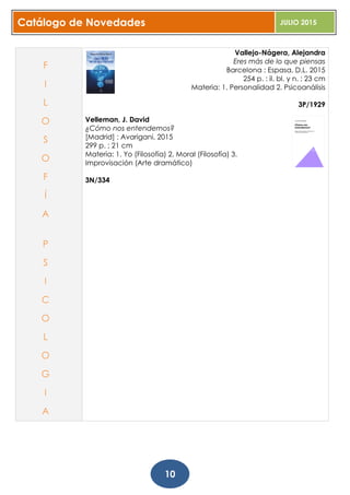Catálogo de Novedades JULIO 2015
10
Vallejo-Nágera, Alejandra
Eres más de lo que piensas
Barcelona : Espasa, D.L. 2015
254 p. : il. bl. y n. ; 23 cm
Materia: 1. Personalidad 2. Psicoanálisis
3P/1929
Velleman, J. David
¿Cómo nos entendemos?
[Madrid] : Avarigani, 2015
299 p. ; 21 cm
Materia: 1. Yo (Filosofía) 2. Moral (Filosofía) 3.
Improvisación (Arte dramático)
3N/334
F
I
L
O
S
O
F
Í
A
P
S
I
C
O
L
O
G
I
A
 