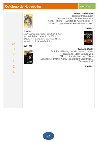 Catálogo de Novedades JULIO 2015
37
López, José Manuel
Karlheinz Stockhausen
Madrid : Círculo de Bellas Artes, 1990
142 p. ; 18 cm. -- (Músicos de nuestro siglo ; 10)
Materia: 1. Stockhausen, Karlheinz (1928-2007)
3W/1053
El Pirata
Las Mejores anécdotas del Rock & Roll
Madrid : Esfera de los libros, 2015
270 p., [24] p. de lám. col. y n. ; 23 cm
Materia: 1. Rock - anécdotas
3W/1731
Ramone, Marky
Punk Rock Blitzkrieg : mi vida en los ramones
Barcelona : Libros Cúpula, 2015
399 p., [16] p. de lám. : fot. ; 24 cm
Materia: 1. Ramone, Marky - Biografías 2. Los Ramones
(Grupo musical)
3W/1729
M
U
S
I
C
A
 