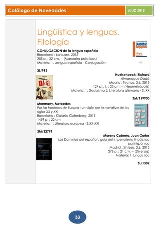 Catálogo de Novedades JULIO 2015
38
Lingüística y lenguas.
Filología
CONJUGACION de la lengua española
Barcelona : Larousse, 2015
255 p. ; 22 cm. -- (Manuales prácticos)
Materia: 1. Lengua española - Conjugación
3L/993
Huelsenbeck, Richard
Almanaque Dadá
Madrid : Tecnos, D.L. 2015
124 p. : il. ; 23 cm. -- (Neometrópolis)
Materia: 1. Dadaísmo 2. Literatura alemana - S. XX
3M/119900
Monmany, Mercedes
Por las fronteras de Europa : un viaje por la narrativa de los
siglos XX y XXI
Barcelona : Galaxia Gutenberg, 2015
1459 p. ; 22 cm
Materia: 1. Literatura europea - S.XX-XXI
3M/32791
Moreno Cabrera, Juan Carlos
Los Dominios del español : guía del imperialismo lingüístico
panhispánico
Madrid : Síntesis, D.L. 2015
276 p. ; 21 cm. -- (Diversos)
Materia: 1. Lingüística
3L/1302
 