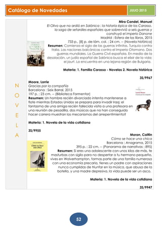 Catálogo de Novedades JULIO 2015
52
Mira Candel, Manuel
El Olivo que no ardió en Salónica : la historia épica de los Carasso,
la saga de sefardíes españoles que sobrevivió a seis guerras y
construyó el imperio Danone
Madrid : Esfera de los libros, 2015
733 p., [8] p. de lám. col. ; 24 cm. -- (Novela histórica)
Resumen: Comienza el siglo de las guerras infinitas. Turquía contra
Italia. Las naciones balcánicas contra el Imperio Otomano. Dos
guerras mundiales. La Guerra Civil española. En medio de la
desolación, un judío español de Salónica busca el elixir de la vida:
el jaurt. Lo encuentra en una lejana región de Bulgaria.
Materia: 1. Familia Carasso - Novelas 2. Novela histórica
3S/9967
Moore, Lorrie
Gracias por la compañía
Barcelona : Seix Barral, 2015
197 p. ; 23 cm. -- (Biblioteca Formentor)
Resumen: Un hombre recién divorciado intenta mantenerse a
flote mientras Estados Unidos se prepara para invadir Iraq; el
fantasma de una amiga recién fallecida visita a una profesora en
una reunión de pesadilla, dos músicos que no han conseguido
hacer carrera muestran los mecanismos del arrepentimiento?
Materia: 1. Novela de la vida cotidiana
3S/9955
Moran, Caitlin
Cómo se hace una chica
Barcelona : Anagrama, 2015
395 p. ; 22 cm. -- (Panorama de narrativas ; 895)
Resumen: Si eres una adolescente con unos kilos de más, te
masturbas con sigilo para no despertar a tu hermano pequeño,
vives en Wolverhampton, formas parte de una familia numerosa
con una economía precaria, tienes un padre con aspiraciones
nunca cumplidas de triunfar en la música, que abusa de la
botella, y una madre depresiva, la vida puede ser un asco.
Materia: 1. Novela de la vida cotidiana
3S/9947
N
O
V
E
L
A
 