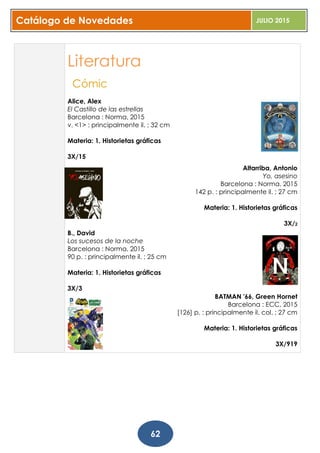 Catálogo de Novedades JULIO 2015
62
Literatura
Cómic
Alice, Alex
El Castillo de las estrellas
Barcelona : Norma, 2015
v. <1> : principalmente il. ; 32 cm
Materia: 1. Historietas gráficas
3X/15
Altarriba, Antonio
Yo, asesino
Barcelona : Norma, 2015
142 p. : principalmente il. ; 27 cm
Materia: 1. Historietas gráficas
3X/2
B., David
Los sucesos de la noche
Barcelona : Norma, 2015
90 p. : principalmente il. ; 25 cm
Materia: 1. Historietas gráficas
3X/3
BATMAN '66, Green Hornet
Barcelona : ECC, 2015
[126] p. : principalmente il. col. ; 27 cm
Materia: 1. Historietas gráficas
3X/919
 