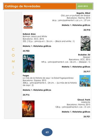 Catálogo de Novedades JULIO 2015
63
Begoña, Mikel
Otzi, por un puñado de ámbar
Barcelona : Norma, 2015
66 p. : principalmente il. col. y n. ; 27 cm
Materia: 1. Historietas gráficas
3X/910
Bolland, Brian
Batman, black and White
Barcelona : ECC, 2015
222, [15] p. : princip.e il. ; 26 cm. -- (Black and white ; 1)
Materia: 1. Historietas gráficas
3X/903
Brubaker, Ed
Sleeper
Barcelona : ECC, 2015
149 p. : principalmente il. col. ; 26 cm. -- (Sleeper ; 1)
Materia: 1. Historietas gráficas
3X/917
Forges
Lo más de la Historia de aquí : la Edad Fogesporánea
Barcelona : Espasa, 2015
308 p. : principalmente il. ; 24 cm. -- (Lo más de la historia
de aquí ; 2)
Materia: 1. Historietas gráficas
3X/916
Giroud, Frank
Adelante
Barcelona : Norma, 2015
128 p. : principalmente il. col. ; 31 cm
Materia: 1. Historietas gráficas
3X/921
C
O
M
I
C
 