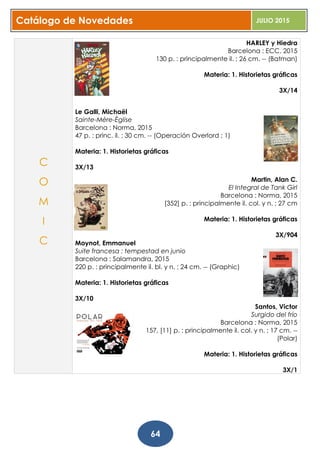 Catálogo de Novedades JULIO 2015
64
HARLEY y Hiedra
Barcelona : ECC, 2015
130 p. : principalmente il. ; 26 cm. -- (Batman)
Materia: 1. Historietas gráficas
3X/14
Le Galli, Michaël
Sainte-Mère-Èglise
Barcelona : Norma, 2015
47 p. : princ. il. ; 30 cm. -- (Operación Overlord ; 1)
Materia: 1. Historietas gráficas
3X/13
Martin, Alan C.
El Integral de Tank Girl
Barcelona : Norma, 2015
[352] p. : principalmente il. col. y n. ; 27 cm
Materia: 1. Historietas gráficas
3X/904
Moynot, Emmanuel
Suite francesa : tempestad en junio
Barcelona : Salamandra, 2015
220 p. : principalmente il. bl. y n. ; 24 cm. -- (Graphic)
Materia: 1. Historietas gráficas
3X/10
Santos, Victor
Surgido del frío
Barcelona : Norma, 2015
157, [11] p. : principalmente il. col. y n. ; 17 cm. --
(Polar)
Materia: 1. Historietas gráficas
3X/1
C
O
M
I
C
 