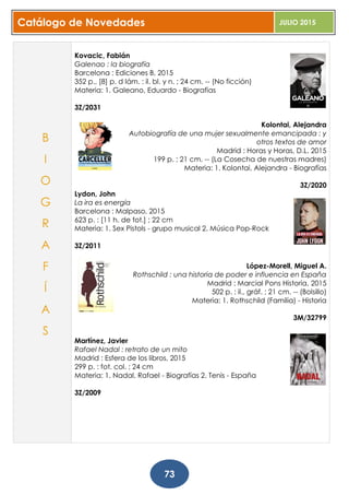 Catálogo de Novedades JULIO 2015
73
Kovacic, Fabián
Galenao : la biografía
Barcelona : Ediciones B, 2015
352 p., [8] p. d lám. : il. bl. y n. ; 24 cm. -- (No ficción)
Materia: 1. Galeano, Eduardo - Biografías
3Z/2031
Kolontai, Alejandra
Autobiografía de una mujer sexualmente emancipada : y
otros textos de amor
Madrid : Horas y Horas, D.L. 2015
199 p. ; 21 cm. -- (La Cosecha de nuestras madres)
Materia: 1. Kolontai, Alejandra - Biografías
3Z/2020
Lydon, John
La ira es energía
Barcelona : Malpaso, 2015
623 p. : [11 h. de fot.] ; 22 cm
Materia: 1. Sex Pistols - grupo musical 2. Música Pop-Rock
3Z/2011
López-Morell, Miguel A.
Rothschild : una historia de poder e influencia en España
Madrid : Marcial Pons Historia, 2015
502 p. : il., gráf. ; 21 cm. -- (Bolsillo)
Materia: 1. Rothschild (Familia) - Historia
3M/32799
Martínez, Javier
Rafael Nadal : retrato de un mito
Madrid : Esfera de los libros, 2015
299 p. : fot. col. ; 24 cm
Materia: 1. Nadal, Rafael - Biografías 2. Tenis - España
3Z/2009
B
I
O
G
R
A
F
Í
A
S
 