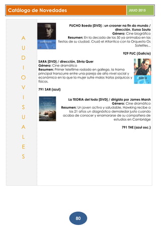 Catálogo de Novedades JULIO 2015
80
PUCHO Boedo [DVD] : un crooner na fin do mundo /
dirección, Xurxo Souto
Género: Cine biográfico
Resumen: En la decada de los 50 ya animaba en las
fiestas de su ciudad. Cruzó el Atlantico con la Orquesta Os
Satelites...
929 PUC (Galicia)
SARA [DVD] / dirección, Silvia Quer
Género: Cine dramático
Resumen: Primer telefilme rodado en gallego, la trama
principal transcurre entre una pareja de alto nivel social y
económico en la que la mujer sufre malos tratos psíquicos y
físicos.
791 SAR (azul)
La TEORIA del todo [DVD] / dirigida por James Marsh
Género: Cine dramático
Resumen: Un joven activo y saludable, Hawking recibe a
los 21 años un diagnóstico demoledor justo cuando
acaba de conocer y enamorarse de su compañera de
estudios en Cambridge
791 THE (azul osc.)
A
U
D
I
O
V
I
S
U
A
L
E
S
 