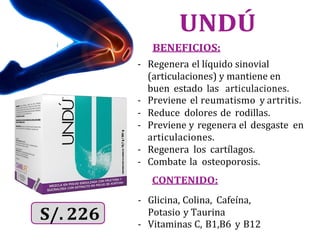UNDÚ
BENEFICIOS:
- Regenera el líquido sinovial
(articulaciones) y mantiene en
buen estado las articulaciones.
- Previene el reumatismo y artritis.
- Reduce dolores de rodillas.
- Previene y regenera el desgaste en
articulaciones.
- Regenera los cartílagos.
- Combate la osteoporosis.
CONTENIDO:
- Glicina, Colina, Cafeína,
Potasio y Taurina
- Vitaminas C, B1,B6 y B12
 