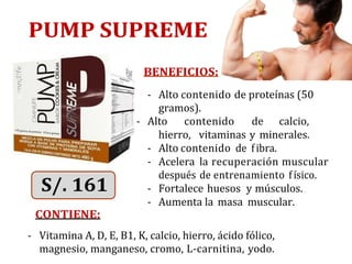 PUMP SUPREME
CONTIENE:
BENEFICIOS:
- Alto contenido de proteínas (50
gramos).
- Alto contenido de calcio,
hierro, vitaminas y minerales.
- Alto contenido de fibra.
- Acelera la recuperación muscular
después de entrenamiento físico.
- Fortalece huesos y músculos.
- Aumenta la masa muscular.
- Vitamina A, D, E, B1, K, calcio, hierro, ácido fólico,
magnesio, manganeso, cromo, L-carnitina, yodo.
 