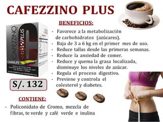 CAFEZZINO PLUS
BENEFICIOS:
- Favorece a la metabolización
de carbohidratos (azúcares).
- Baja de 3 a 6 kg en el primer mes de uso.
- Reduce tallas desde las primeras semanas.
- Reduce la ansiedad de comer.
- Reduce y quema la grasa localizada,
disminuye los niveles de azúcar.
- Regula el proceso digestivo.
- Previene y controla el
colesterol y diabetes.
CONTIENE:
- Policonidato de Cromo, mezcla de
fibras, te verde y café verde e inulina
 