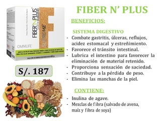 FIBER N’ PLUS
BENEFICIOS:
SISTEMA DIGESTIVO
- Combate gastritis, úlceras, reflujos,
acidez estomacal y estreñimiento.
- Favorece el tránsito intestinal.
- Lubrica el intestino para favorecer la
eliminación de material retenido.
- Proporciona sensación de saciedad.
- Contribuye a la pérdida de peso.
- Elimina las manchas de la piel.
CONTIENE:
- Inulina de agave.
- Mezclas de f ibra (salvado de avena,
maíz y fibra de soya)
 