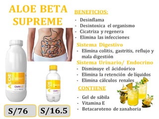 ALOE BETA
SUPREME
BENEFICIOS:
- Desinflama
- Desintoxica el organismo
- Cicatriza y regenera
- Elimina las infecciones
Sistema Digestivo
- Elimina colitis, gastritis, reflujo y
mala digestión
Sistema Urinario/ Endocrino
- Disminuye el ácidoúrico
- Elimina la retención de líquidos
- Elimina cálculos renales
CONTIENE
- Gel de sábila
- Vitamina E
- Betacaroteno de zanahoria
 