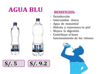 AGUA BLU BENEFICIOS:
- Desinfección
- Intercambio iónico
- Agua de manantial
- Hidrata y rejuvenece tu piel
- Mejora la digestión
- Contribuye al buen
funcionamiento de los riñones
 
