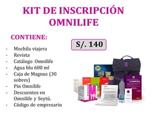 KIT DE INSCRIPCIÓN
OMNILIFE
CONTIENE:
- Mochila viajera
- Revista
- Catálogo Omnilife
- Agua blu 600 ml
- Caja de Magnus (30
sobres)
- Pin Omnilife
- Descuentos en
Omnilife y Seytú.
- Código de empresario
S/. 140
 
