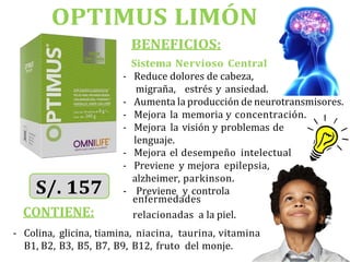 - Previene y controla
OPTIMUS LIMÓN
BENEFICIOS:
Sistema Nervioso Central
- Reduce dolores de cabeza,
migraña, estrés y ansiedad.
- Aumenta la producción de neurotransmisores.
- Mejora la memoria y concentración.
- Mejora la visión y problemas de
lenguaje.
- Mejora el desempeño intelectual
- Previene y mejora epilepsia,
alzheimer, parkinson.
enfermedades
CONTIENE: relacionadas a la piel.
- Colina, glicina, tiamina, niacina, taurina, vitamina
B1, B2, B3, B5, B7, B9, B12, fruto del monje.
 