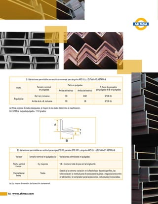 18 www.ahmsa.com
2.4 Variaciones permisibles en sección transversal para ángulos APS (LI y LD) Tabla 17 ASTM A-6
	 Variable	 Tamaño nominal en pulgadas (a)	 Variaciones permisibles en pulgadas
	
	 Flecha vertical	 3 y mayores	 1/8 x (número total de pies en la longitud/5).
2.5 Variaciones permisibles en rectitud para vigas IPR (IR), canales CPS (CE) y ángulos APS (LI y LD) Tabla 21 ASTM A-6
Perfil
Ángulos (a)
Tamaño nominal
en pulgadas
Patín en pulgadas
Arriba del teórico Arriba del teórico
	 De 3 a 4, inclusive	 1/8	 3/32	 3/128 (b)
	
	 Arriba de 4 a 6, inclusive	 1/8	 1/8	 3/128 (b)
T, fuera de escuadra
por pulgada de B en pulgadas
(a): Para ángulos de lados desiguales, el mayor de los lados determina la clasificación.
(b): 3/128 de pulgada/pulgada = 1 1/2 grados.
Debido a la extrema variación en la flexibilidad de estos perfiles, las
tolerancias en la rectitud para el sweep están sujetas a negociaciones entre
el fabricante y el comprador para las secciones individuales involucradas.
Flecha lateral Todos
(a): La mayor dimensión de la sección transversal.
Camber
Sweep
 