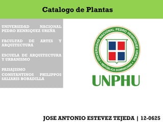 UNIVERSIDAD NACIONAL
PEDRO HENRIQUEZ UREÑA
FACULTAD DE ARTES Y
ARQUITECTURA
ESCUELA DE ARQUITECTURA
Y URBANISMO
PAISAJISMO
CONSTANTINOS PHILIPPOS
SALIARIS BOBADILLA
JOSE ANTONIO ESTEVEZ TEJEDA | 12-0625
Catalogo de Plantas
 
