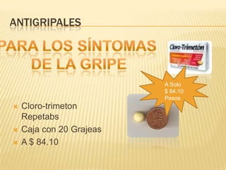 AntigripalesPara los Síntomas de la gripeA Solo $ 84.10PesosCloro-trimetonRepetabsCaja con 20 GrajeasA $ 84.10