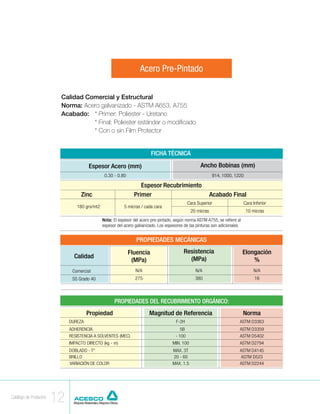 Acero Pre-Pintado

                         Calidad Comercial y Estructural
                         Norma: Acero galvanizado - ASTM A653, A755
                         Acabado: 	 * Primer: Poliester - Uretano
                         	          * Final: Poliester estándar o modificado
                         	          * Con o sin Film Protector


                                                                         FICHA TÉCNICA

                                      Espesor Acero (mm)                                            Ancho Bobinas (mm)
                                               0.30 - 0.80                                                  914, 1000, 1220

                                                                  Espesor Recubrimiento
                                  Zinc                         Primer                                       Acabado Final
                                                                                              Cara Superior                   Cara Inferior
                                180 grs/mt2               5 micras / cada cara
                                                                                                20 micras                      10 micras
                                              Nota: El espesor del acero pre-pintado, según norma ASTM A755, se refiere al
                                              espesor del acero galvanizado. Los espesores de las pinturas son adicionales.


                                                                PROPIEDADES MECÁNICAS

                                                             Fluencia                      Resistencia                        Elongación
                               Calidad                                                       (MPa)
                                                              (MPa)                                                               %
                              Comercial                         N/A                               N/A                              N/A
                              SS Grado 40                       275                               380                               16



                                                    PROPIEDADES DEL RECUBRIMIENTO ORGÁNICO:
                                      Propiedad                         Magnitud de Referencia                                Norma
                             DUREZA                                                    F-2H                               ASTM D3363
                             ADHERENCIA                                                  5B                               ASTM D3359
                             RESISTENCIA A SOLVENTES (MEC)                            › 100                               ASTM D5402
                             IMPACTO DIRECTO (kg - m)                                MIN. 100                             ASTM D2794
                             DOBLADO - T*                                            MAX. 3T                              ASTM D4145
                             BRILLO                                                  20 - 60                              ASTM D523
                             VARIACIÓN DE COLOR                                      MAX. 1.5                             ASTM D2244




Catálogo de Productos
                        12
 