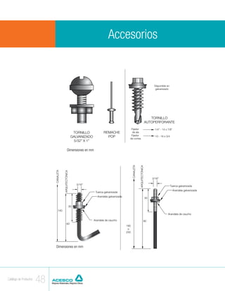 Accesorios




                                                                                                                                                                              CANALETA


                                                                                                                                                                                         ARQUITECTÓNICA
                                                                                                                                                                                                               3/16”
                                                                                                                                                     Disponible en
                                                                                                                                                      galvanizado                                                       Tuerca
                                                                                                                                                                                                                         Arand


                                                                                                                                                                                                          30
                                                                                                                                                                                  140


                                                                                                                                                                                                                       Arandela
                                                                                                                                                  TORNILLO                                      60
                                                                                                                                               AUTOPERFORANTE
                                                                                                                Fijador                               1/4” - 14 x 7/8”
                                                                      TORNILLO             REMACHE               de ala
                                                                                                                Fijador
                                                                     GALVANIZADO             POP                                                      10 - 16 x 3/4
                                                                                                               de correa
                                                                       5/32” X 1”

                                                             Dimensiones en mm
                                                                                                                   CANALETA

                                                                                                                              ARQUITECTÓNICA
                                        CANALETA


                                                   ARQUITECTÓNICA




                                                                                                                                                    3/16”

                                                                         3/16”
                                                                                                                                                                      Tuerca galvanizada
                     Disponible en                                                                                                                                       Arandela galvanizada
                      galvanizado                                                    Tuerca galvanizada
                                                                                      Arandela galvanizada
                                                                                                                                               30


                                                                    30
                                            140
                                                                                                                                                                  Arandela de caucho

                                                                                    Arandela de caucho                                     90
               TORNILLO                                   60
                                                                                                             180
            AUTOPERFORANTE                                                                                    o
                                                                                                             250
 Fijador             1/4” - 14 x 7/8”
  de ala
 Fijador              10 - 16 x 3/4
de correa
                                         Dimensiones en mm




  Catálogo de Productos
                          48
 