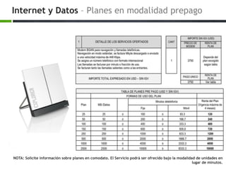 Internet y Datos – Planes en modalidad prepago
NOTA: Solicite información sobre planes en comodato. El Servicio podrá ser ofrecido bajo la modalidad de unidades en
lugar de minutos.
 