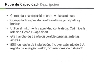 Nube de Capacidad– Descripción
• Comparta una capacidad entre varias antenas
• Comparta la capacidad entre enlaces principales y
backup
• Utilice al máximo la capacidad contratada. Optimice la
relación Costo / Capacidad
• Gran ancho de banda disponible para las antenas
activas.
• 50% del costo de instalación. Incluye gabinete de 6U,
regleta de energía, switch, ordenadores de cableado.
 