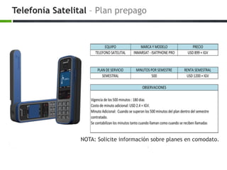 Telefonía Satelital – Plan prepago
NOTA: Solicite información sobre planes en comodato.
 