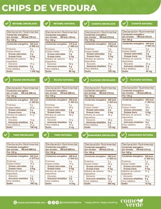 CHIPS DE VERDURA
BETABEL ENCHILADO BETABEL NATURAL CAMOTE ENCHILADO CAMOTE NATURAL
JÍCAMA ENCHILADA JÍCAMA NATURAL PLÁTANO ENCHILADO PLÁTANO NATURAL
TARO ENCHILADO TARO NATURAL ZANAHORIA ENCHILADA ZANAHORIA NATURAL
 
