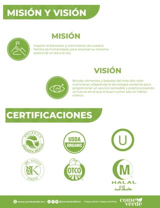 MISIÓN Y VISIÓN
Inspirar el bienestar y crecimiento de nuestra
familia (la humanidad), para alcanzar su máximo
potencial un día a la vez.
Brindar alimentos y bebidas del más alto valor
nutricional, adaptando la tecnología existente para
proporcionar un servicio accesible y práctico,creando
un futuro en el que el buen comer sea un hábito
común.
VISIÓN
MISIÓN
CERTIFICACIONES
 
