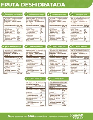 FRUTA DESHIDRATADA
ARÁNDANO ENCHILADO ARÁNDANO NATURAL MANGO ENCHILADO MANGO NATURAL
MANZANA ENCHILADA MANZANA NATURAL NOPAL ENCHILADO NOPAL NATURAL
PIÑA ENCHILADA PIÑA NATURAL
 