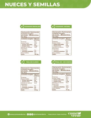 NUECES Y SEMILLAS
CACAHUATE ENCHILADO CACAHUATE NATURAL
TRAIL MIX CLÁSICO TRAIL MIX CON CHISPAS
 